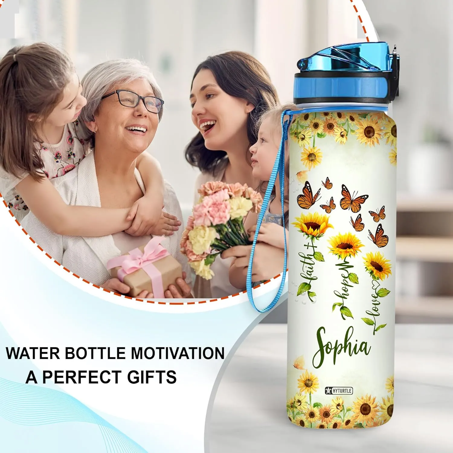 Hyturtle Personalized Faith Hope Love Sunflower Butterfly 32oz Liter Motivational Water Bottle, Customized Name Tracking Water Bottle Gifts For Women Butterfly Lovers, Sunflower Lovers On Birthday