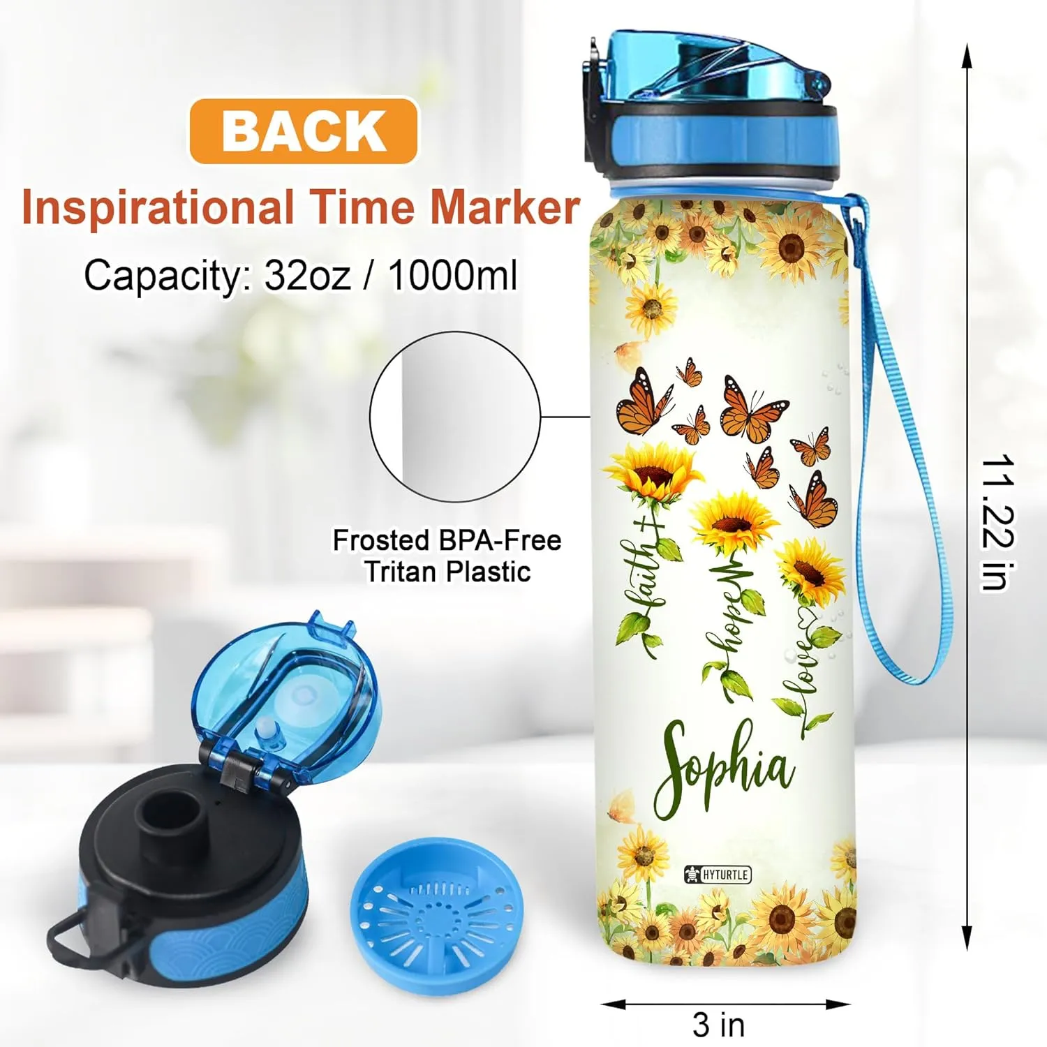 Hyturtle Personalized Faith Hope Love Sunflower Butterfly 32oz Liter Motivational Water Bottle, Customized Name Tracking Water Bottle Gifts For Women Butterfly Lovers, Sunflower Lovers On Birthday