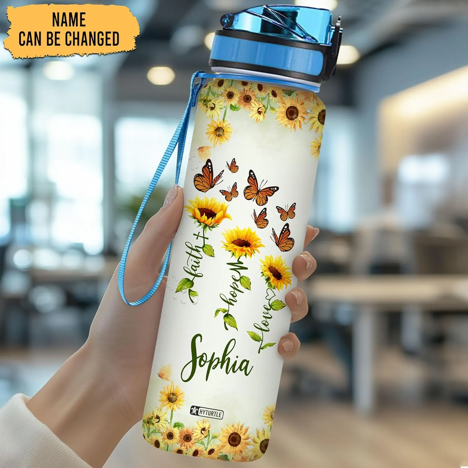 Hyturtle Personalized Faith Hope Love Sunflower Butterfly 32oz Liter Motivational Water Bottle, Customized Name Tracking Water Bottle Gifts For Women Butterfly Lovers, Sunflower Lovers On Birthday