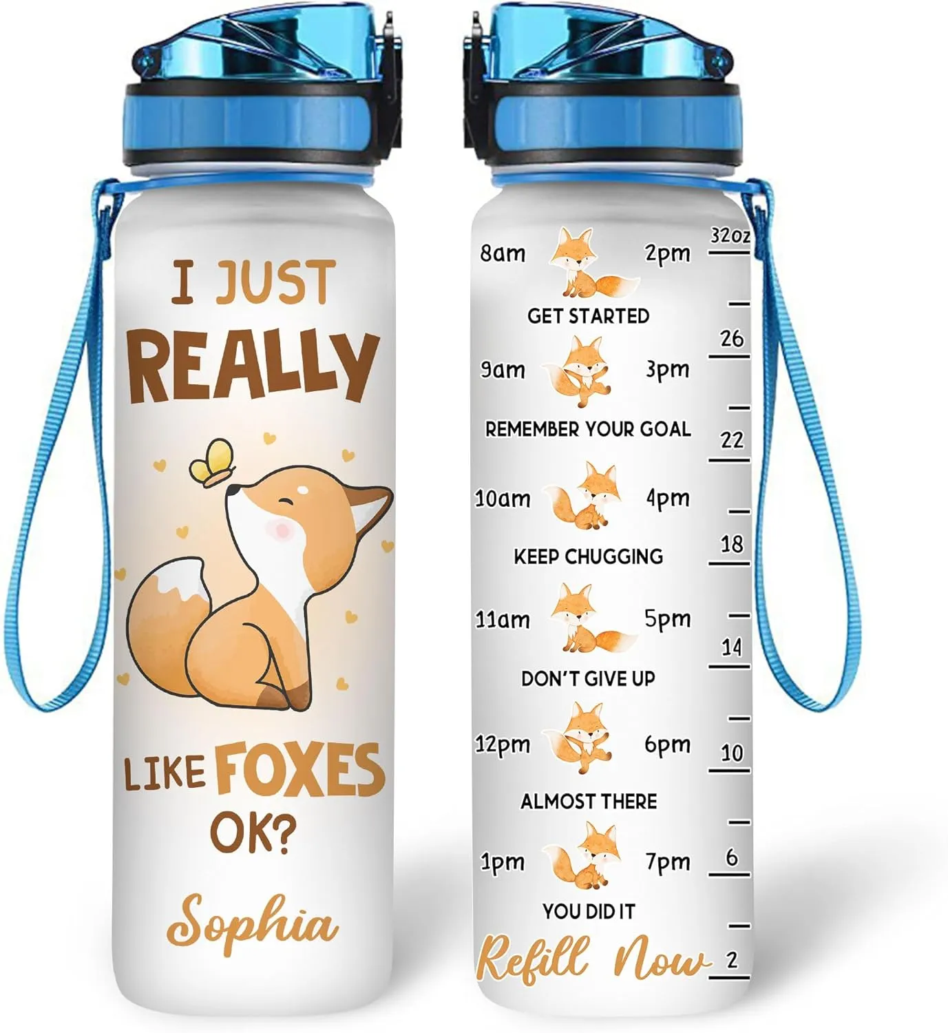 Hyturtle Personalized Fox Lovers 32 Oz 1Liter Motivational Water Bottle, I Just Really Like Foxes Custom Name Water Bottle With Time Marker, Animal Lover Gift For Women Girl On Birthday, Mother Day's