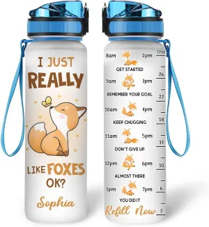 Hyturtle Personalized Fox Lovers 32 Oz 1Liter Motivational Water Bottle, I Just Really Like Foxes Custom Name Water Bottle With Time Marker, Animal Lover Gift For Women Girl On Birthday, Mother Day's