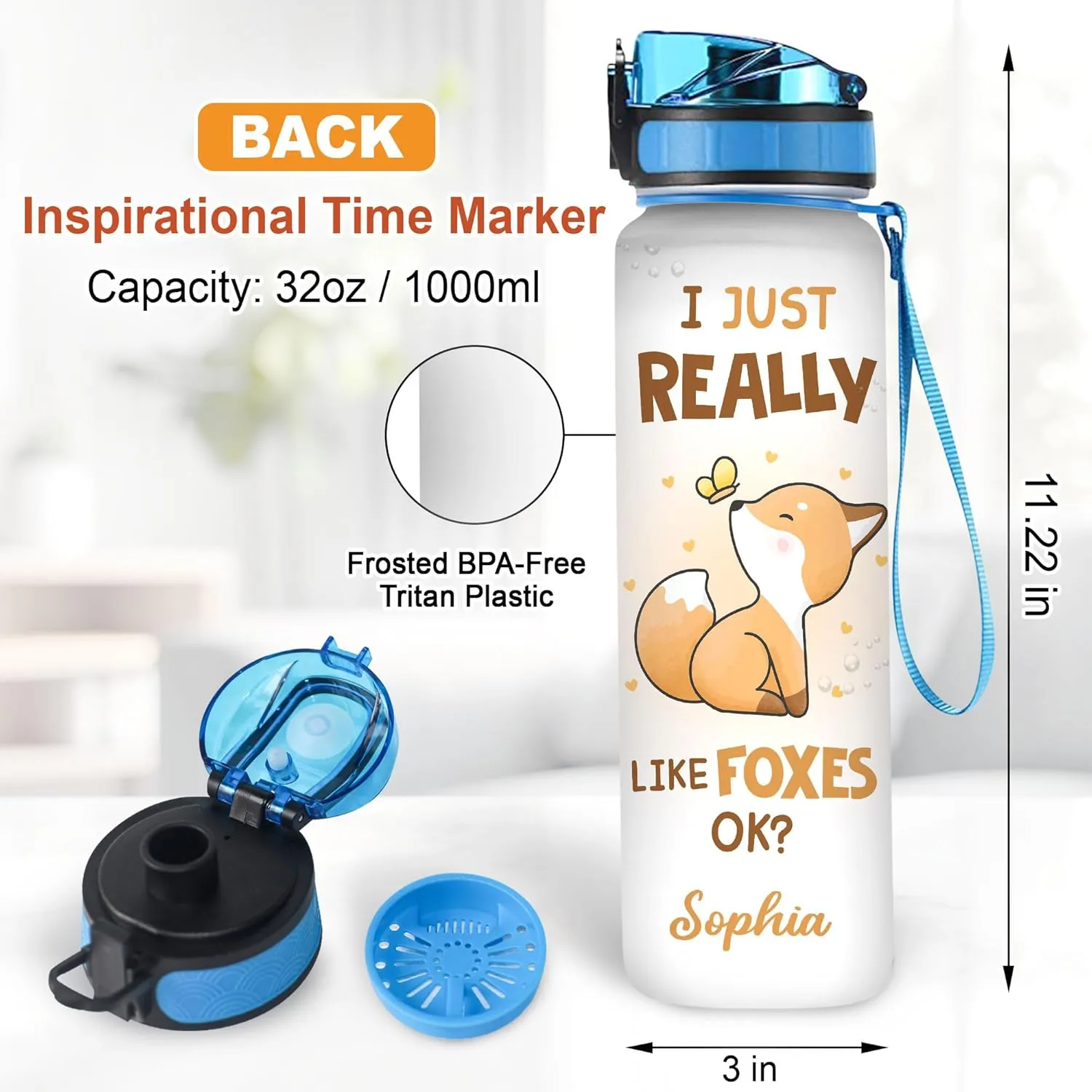 Hyturtle Personalized Fox Lovers 32 Oz 1Liter Motivational Water Bottle, I Just Really Like Foxes Custom Name Water Bottle With Time Marker, Animal Lover Gift For Women Girl On Birthday, Mother Day's