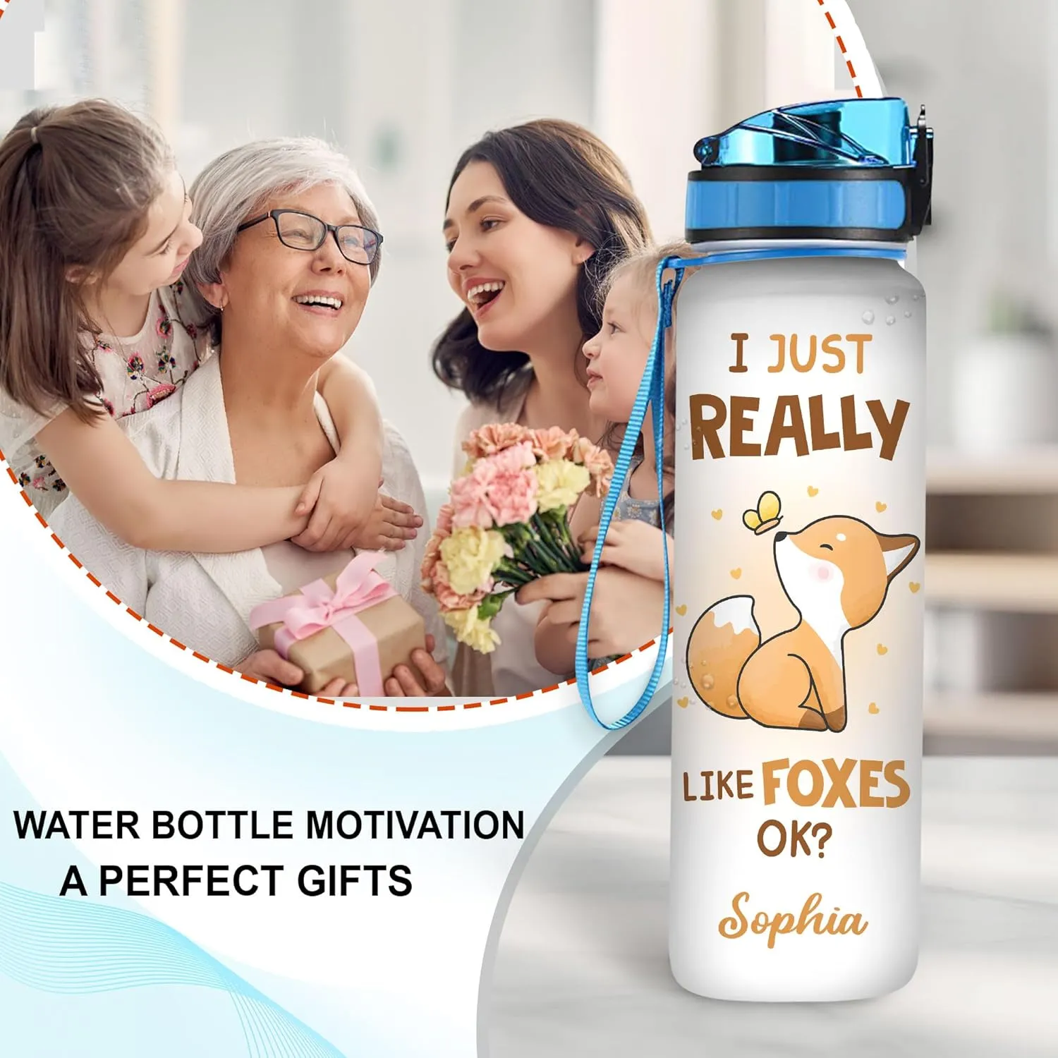 Hyturtle Personalized Fox Lovers 32 Oz 1Liter Motivational Water Bottle, I Just Really Like Foxes Custom Name Water Bottle With Time Marker, Animal Lover Gift For Women Girl On Birthday, Mother Day's