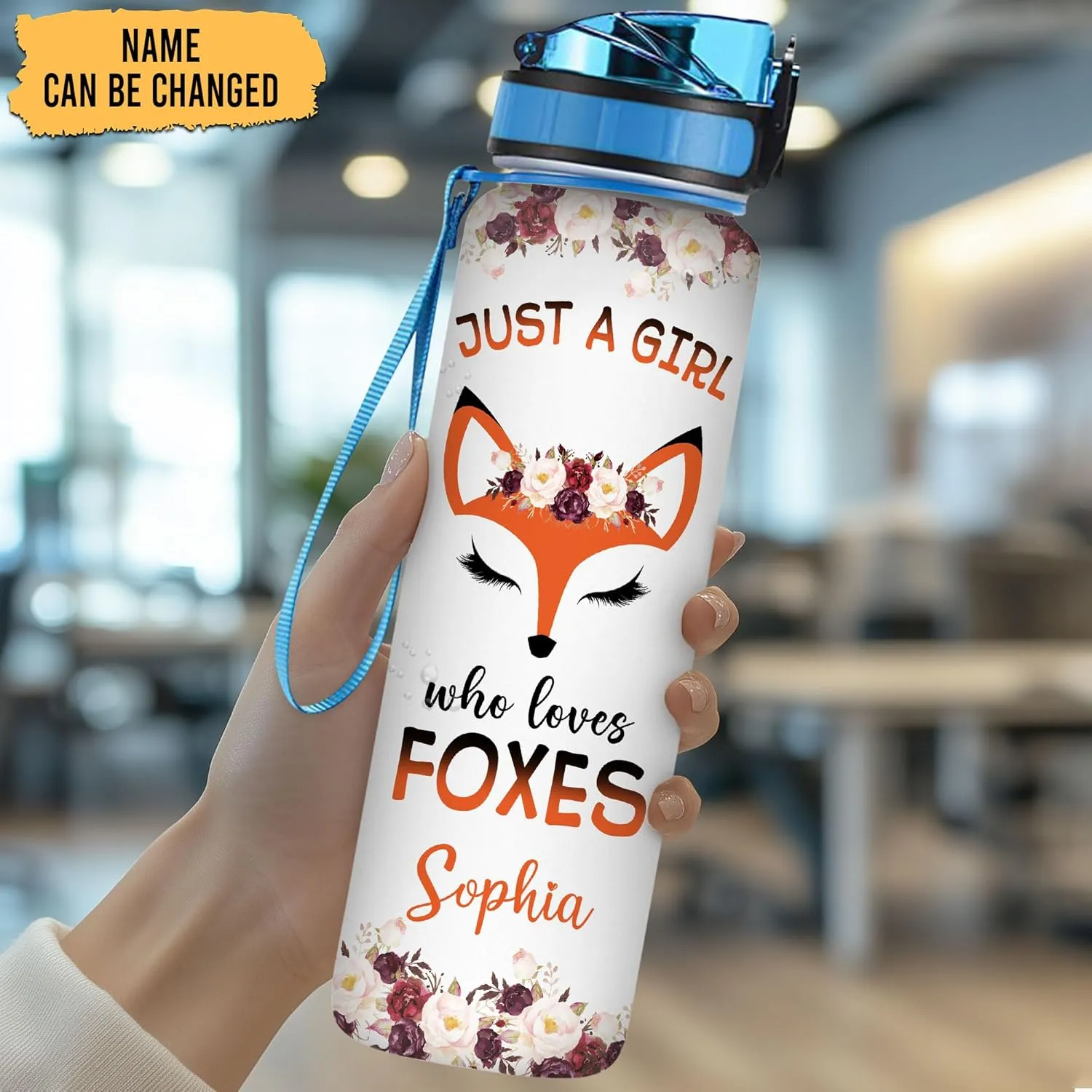 Hyturtle Personalized Fox Lovers 32 Oz 1Liter Motivational Water Bottle, Just A Girl Who Loves Foxes Custom Name Water Bottle With Time Marker, Gifts For Women Girl Daughter On Birthday, Mother Day's
