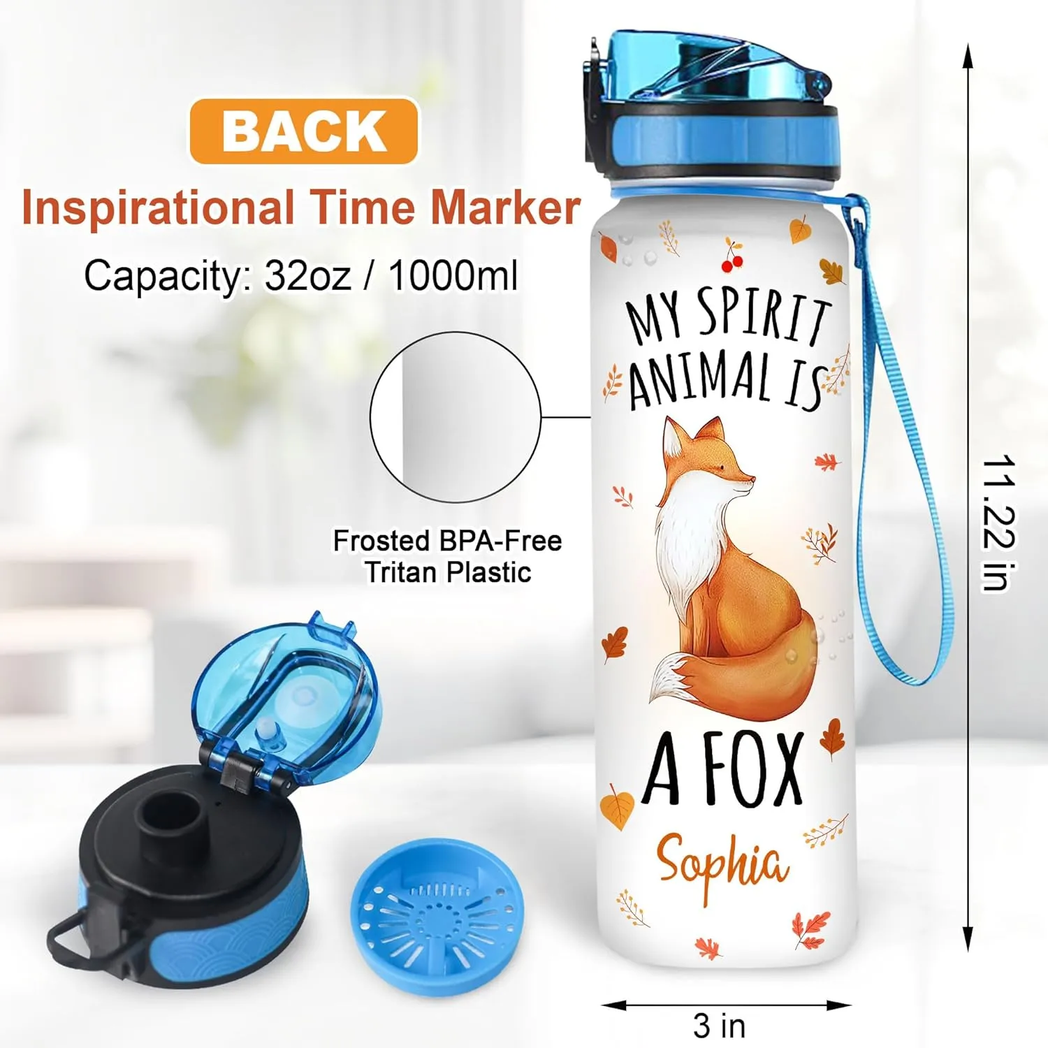 Hyturtle Personalized Fox Lovers 32 Oz 1Liter Motivational Water Bottle, My Spirit Animal Is A Fox Custom Name Water Bottle With Time Marker, Gifts For Women Girl Daughter On Birthday, Mother Day's