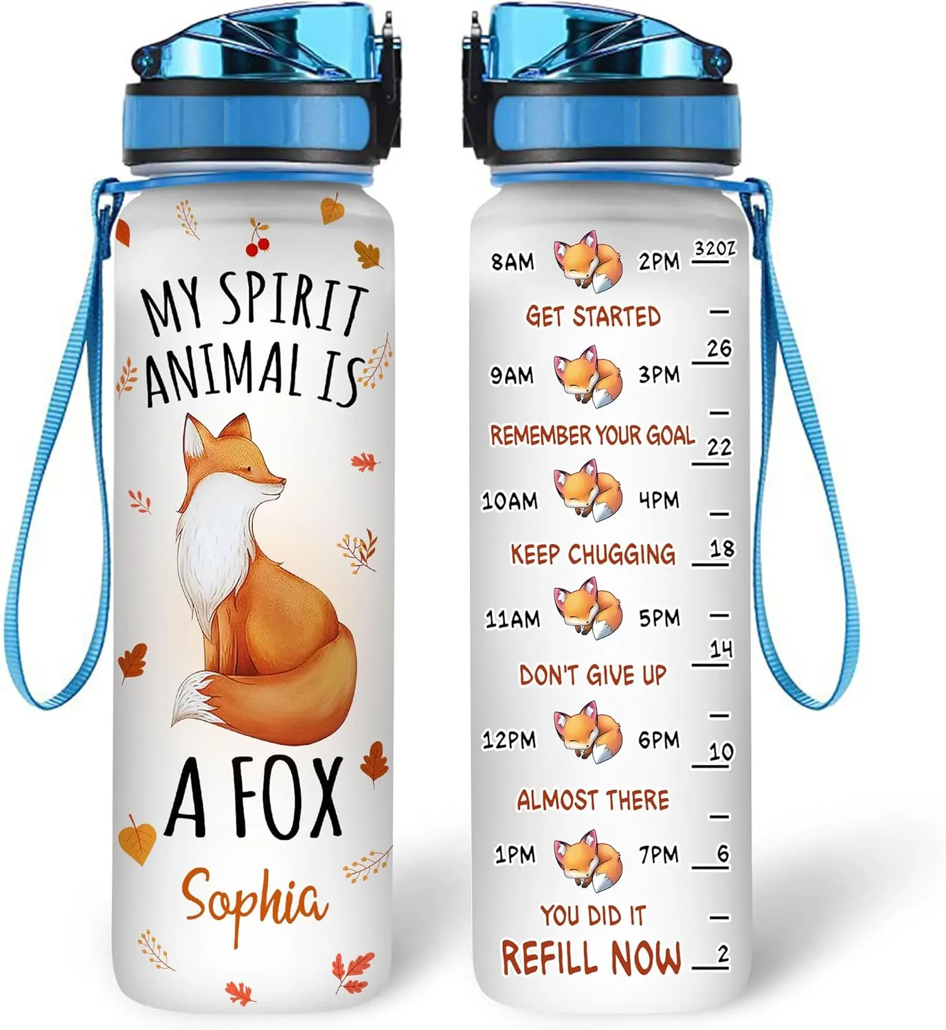 Hyturtle Personalized Fox Lovers 32 Oz 1Liter Motivational Water Bottle, My Spirit Animal Is A Fox Custom Name Water Bottle With Time Marker, Gifts For Women Girl Daughter On Birthday, Mother Day's