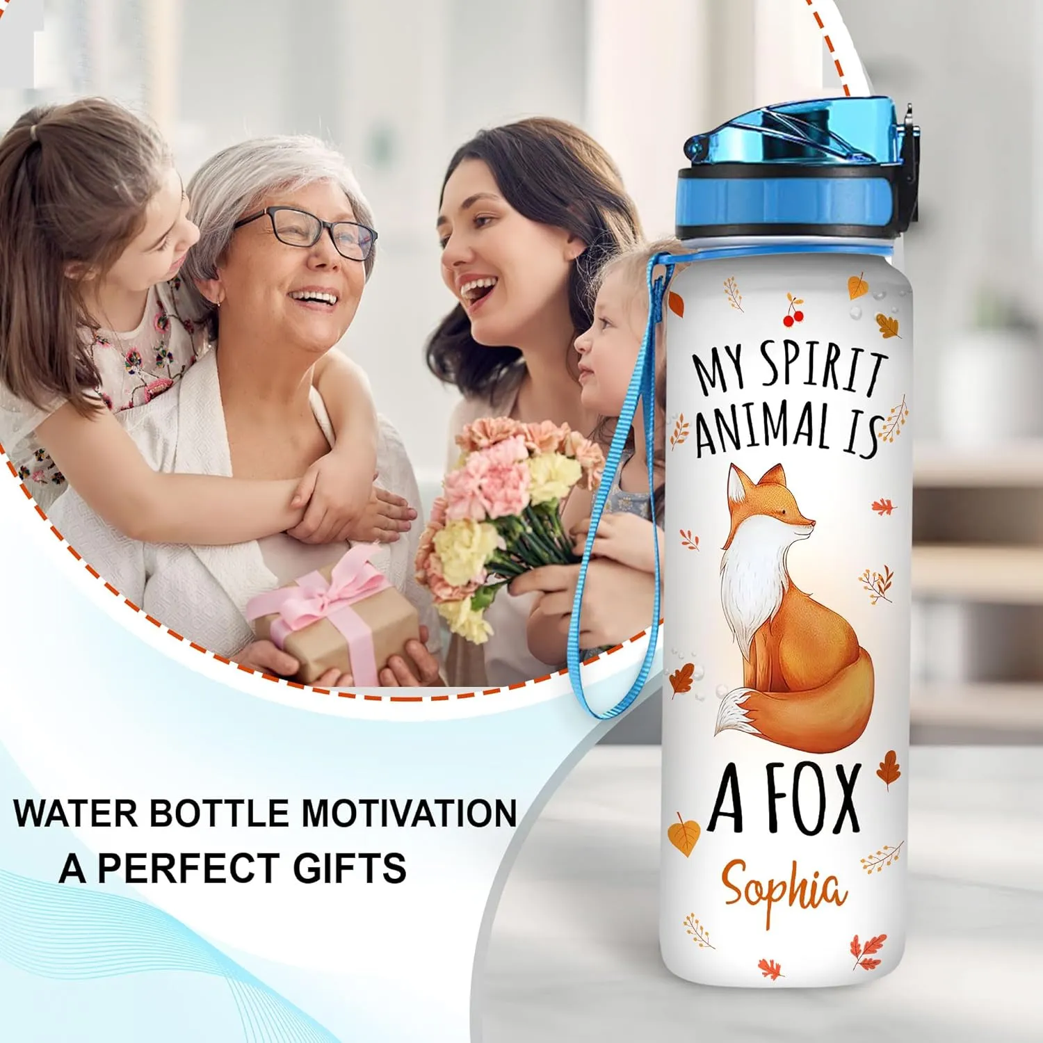 Hyturtle Personalized Fox Lovers 32 Oz 1Liter Motivational Water Bottle, My Spirit Animal Is A Fox Custom Name Water Bottle With Time Marker, Gifts For Women Girl Daughter On Birthday, Mother Day's
