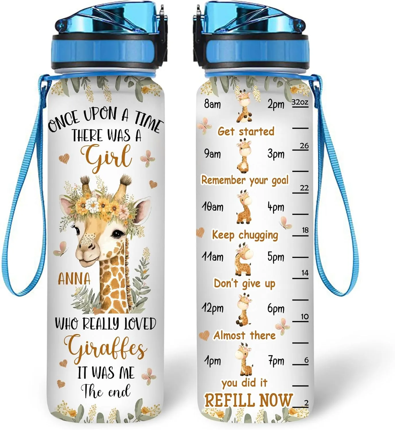 Hyturtle Personalized Giraffe Gifts For Women - Girl Love Giraffe Customized Name 32oz 1Liter Motivational Water Bottle, Animal Lovers Gift For Mom Girl Women On Christmas, Birthday
