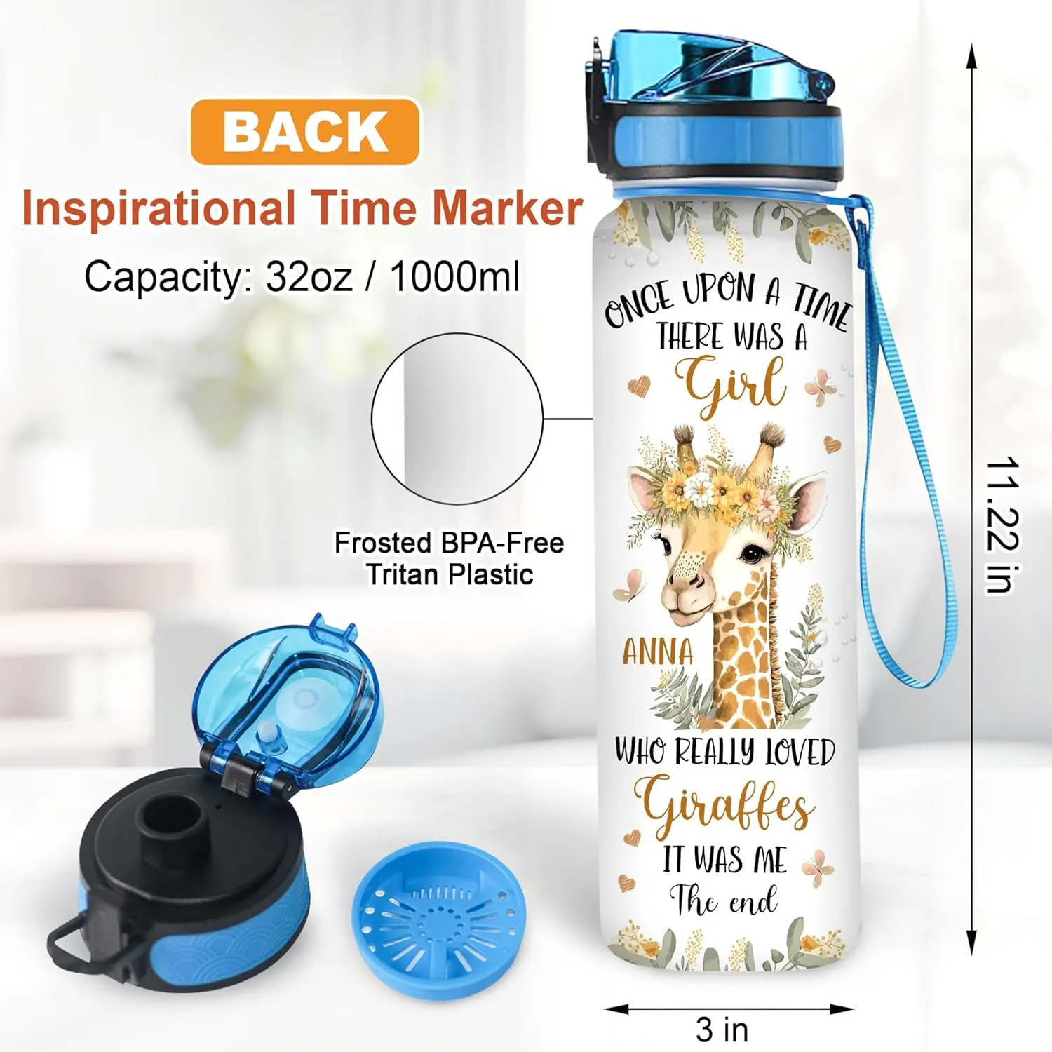 Hyturtle Personalized Giraffe Gifts For Women - Girl Love Giraffe Customized Name 32oz 1Liter Motivational Water Bottle, Animal Lovers Gift For Mom Girl Women On Christmas, Birthday