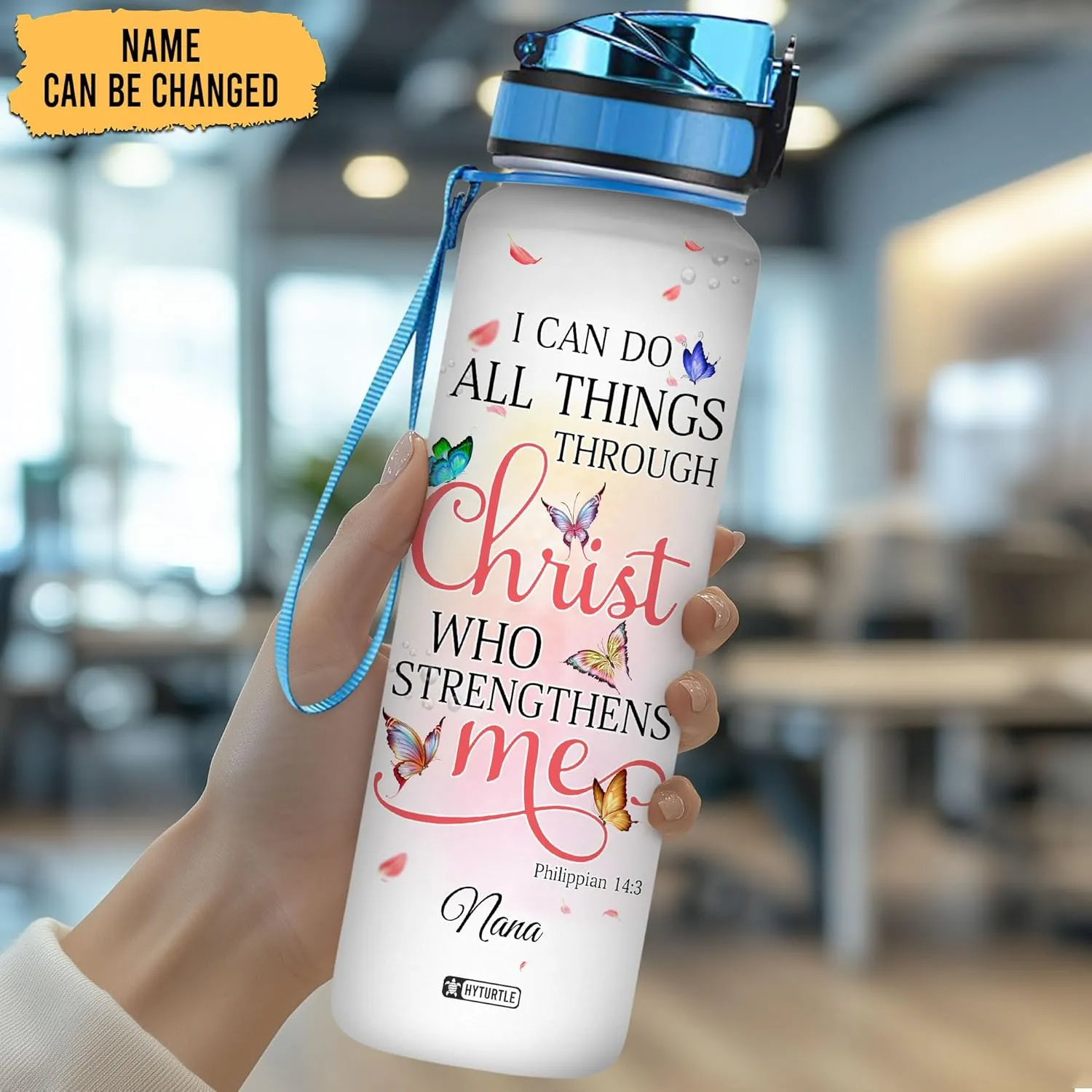 Hyturtle Personalized I Can Do All Things Through Christ Butterfly 32Oz Liter Motivational Water Bottle, Customized Name With Time Marker Gifts For Women Girl Butterfly Lover On Birthday Mother's Day