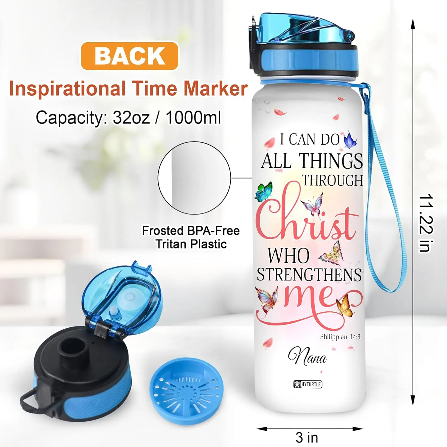Hyturtle Personalized I Can Do All Things Through Christ Butterfly 32Oz Liter Motivational Water Bottle, Customized Name With Time Marker Gifts For Women Girl Butterfly Lover On Birthday Mother's Day