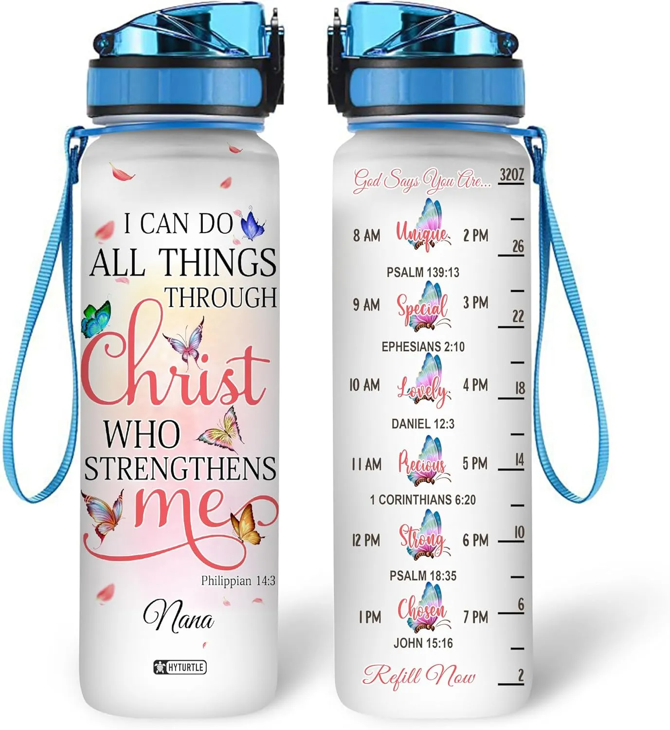 Hyturtle Personalized I Can Do All Things Through Christ Butterfly 32Oz Liter Motivational Water Bottle, Customized Name With Time Marker Gifts For Women Girl Butterfly Lover On Birthday Mother's Day
