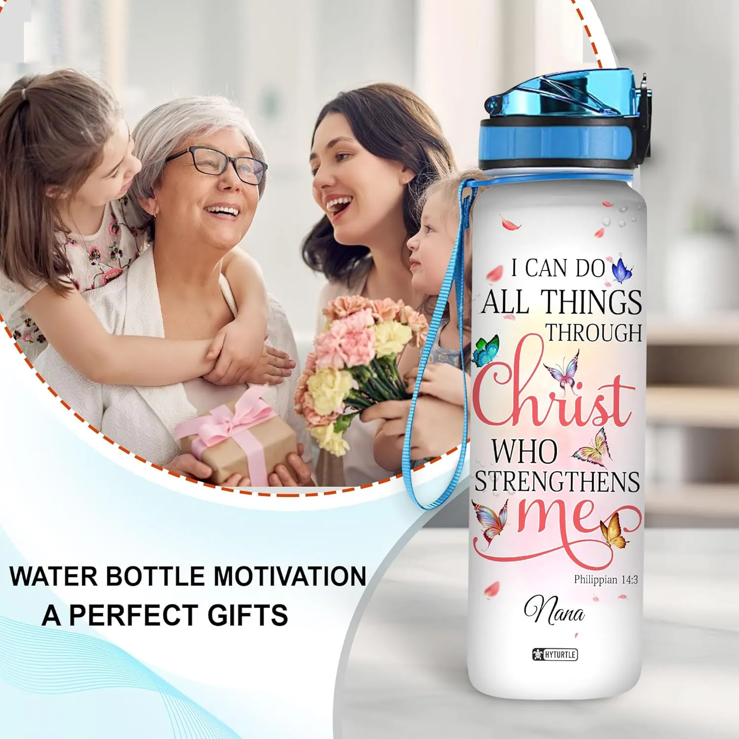 Hyturtle Personalized I Can Do All Things Through Christ Butterfly 32Oz Liter Motivational Water Bottle, Customized Name With Time Marker Gifts For Women Girl Butterfly Lover On Birthday Mother's Day