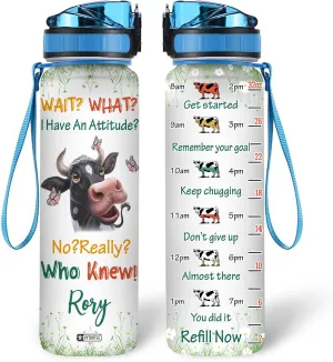 Hyturtle Personalized I Have An Attitude Butterfly Cow Farm 32Oz Liter Motivational Water Bottle, Customized Name With Time Marker, Gifts For Women Men Cow Lovers Farmer On Birthday Mother's Day