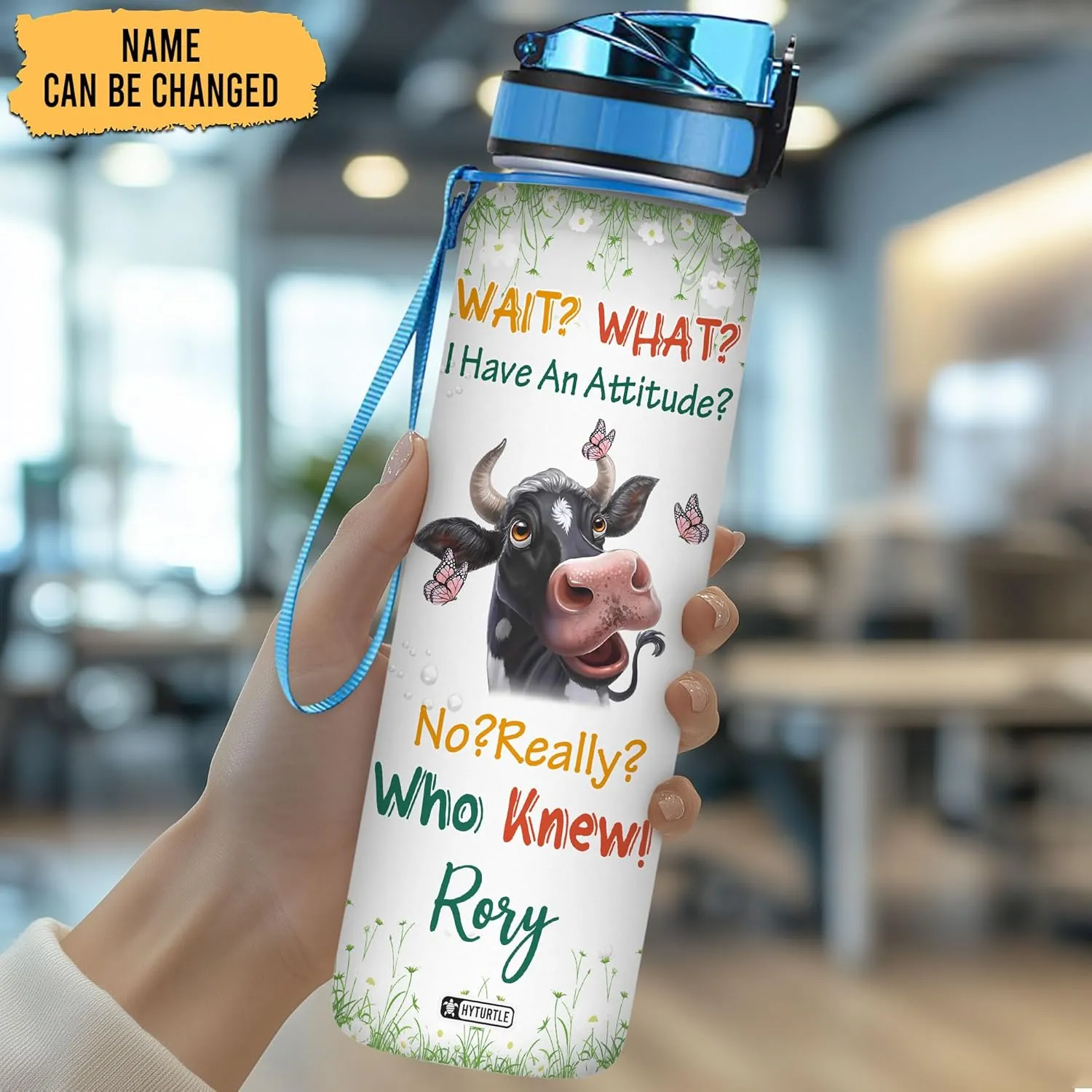 Hyturtle Personalized I Have An Attitude Butterfly Cow Farm 32Oz Liter Motivational Water Bottle, Customized Name With Time Marker, Gifts For Women Men Cow Lovers Farmer On Birthday Mother's Day