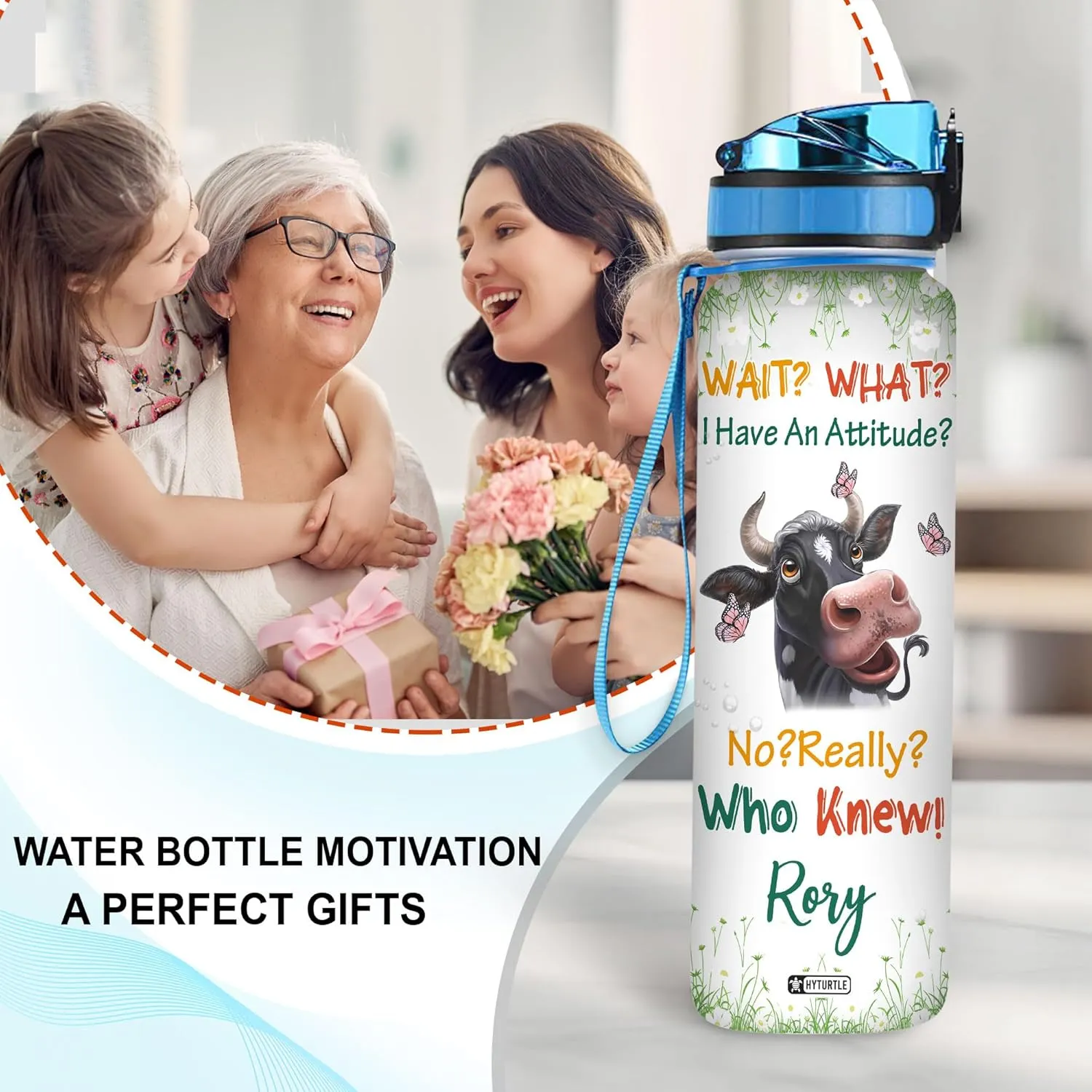 Hyturtle Personalized I Have An Attitude Butterfly Cow Farm 32Oz Liter Motivational Water Bottle, Customized Name With Time Marker, Gifts For Women Men Cow Lovers Farmer On Birthday Mother's Day