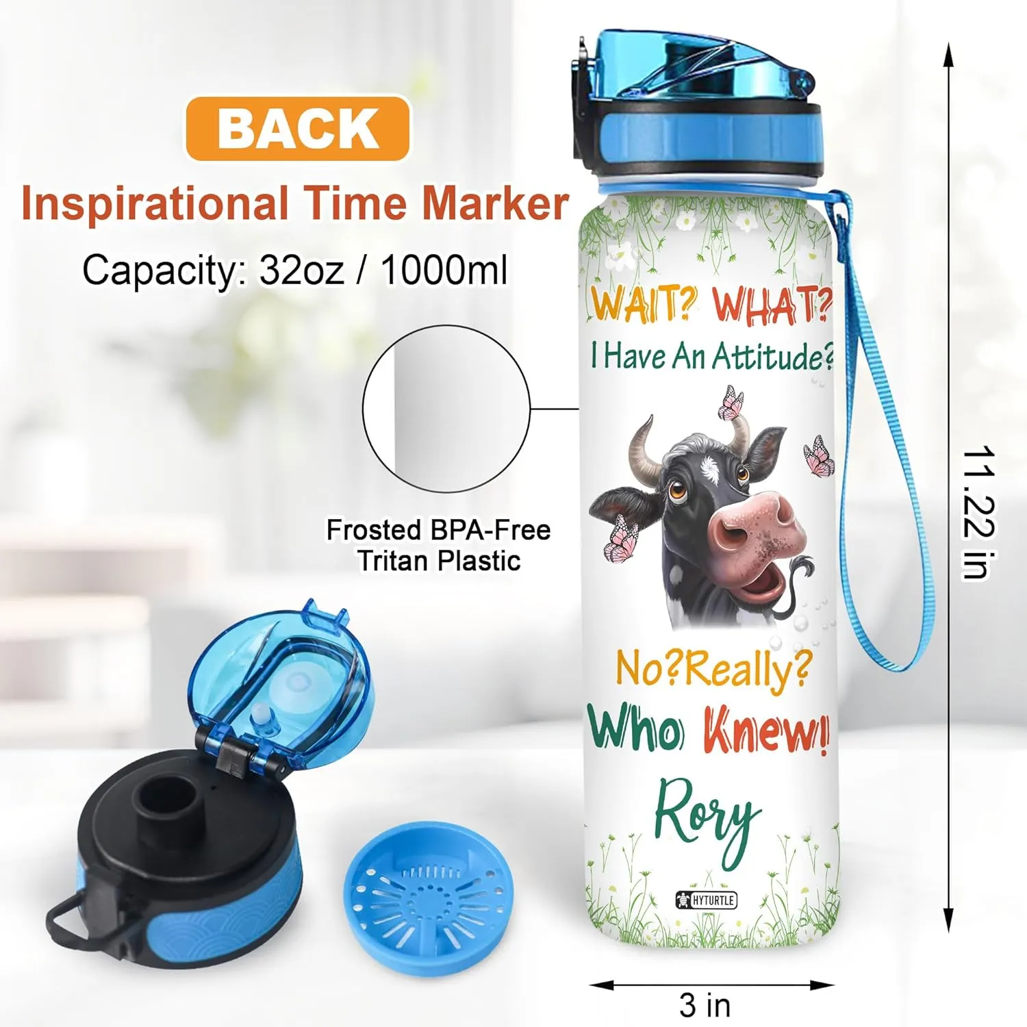 Hyturtle Personalized I Have An Attitude Butterfly Cow Farm 32Oz Liter Motivational Water Bottle, Customized Name With Time Marker, Gifts For Women Men Cow Lovers Farmer On Birthday Mother's Day