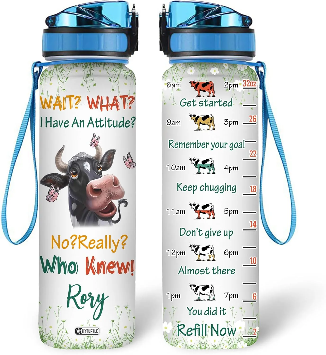 Hyturtle Personalized I Have An Attitude Butterfly Cow Farm 32Oz Liter Motivational Water Bottle, Customized Name With Time Marker, Gifts For Women Men Cow Lovers Farmer On Birthday Mother's Day