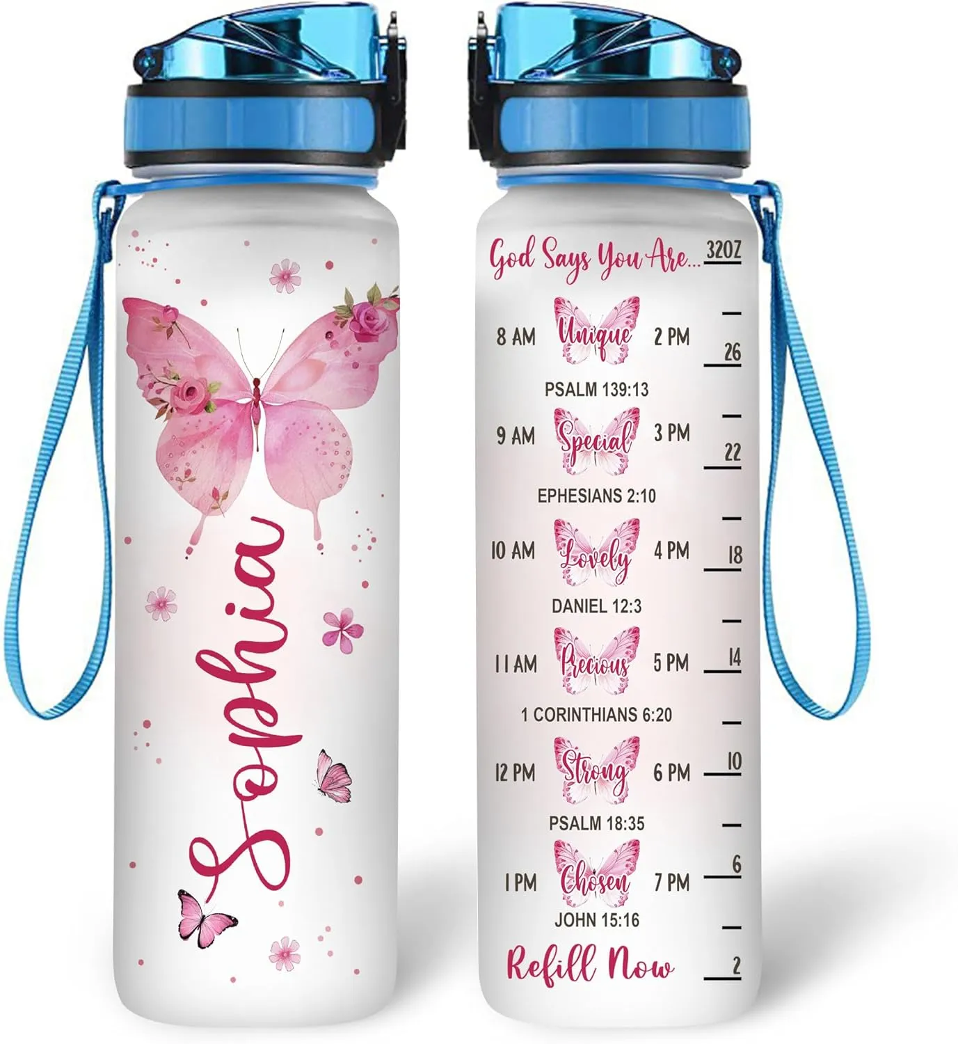 Hyturtle Personalized Jesus Christian Butterfly 32oz Liter Motivational Water Bottle, Customized Name Tracking Water Bottle With Time Marker Gifts For Women, Butterfly Lovers on Birthday