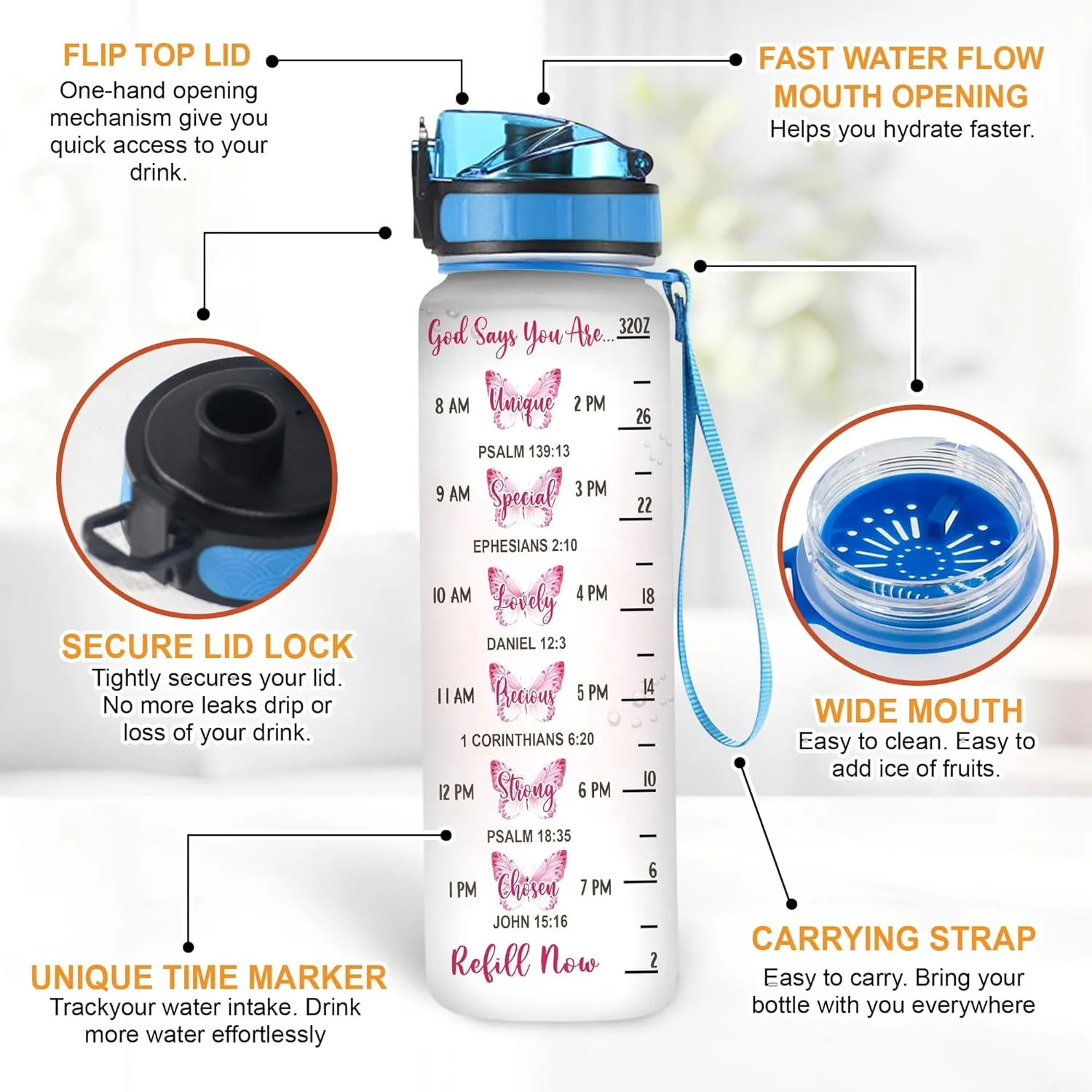 Hyturtle Personalized Jesus Christian Butterfly 32oz Liter Motivational Water Bottle, Customized Name Tracking Water Bottle With Time Marker Gifts For Women, Butterfly Lovers on Birthday