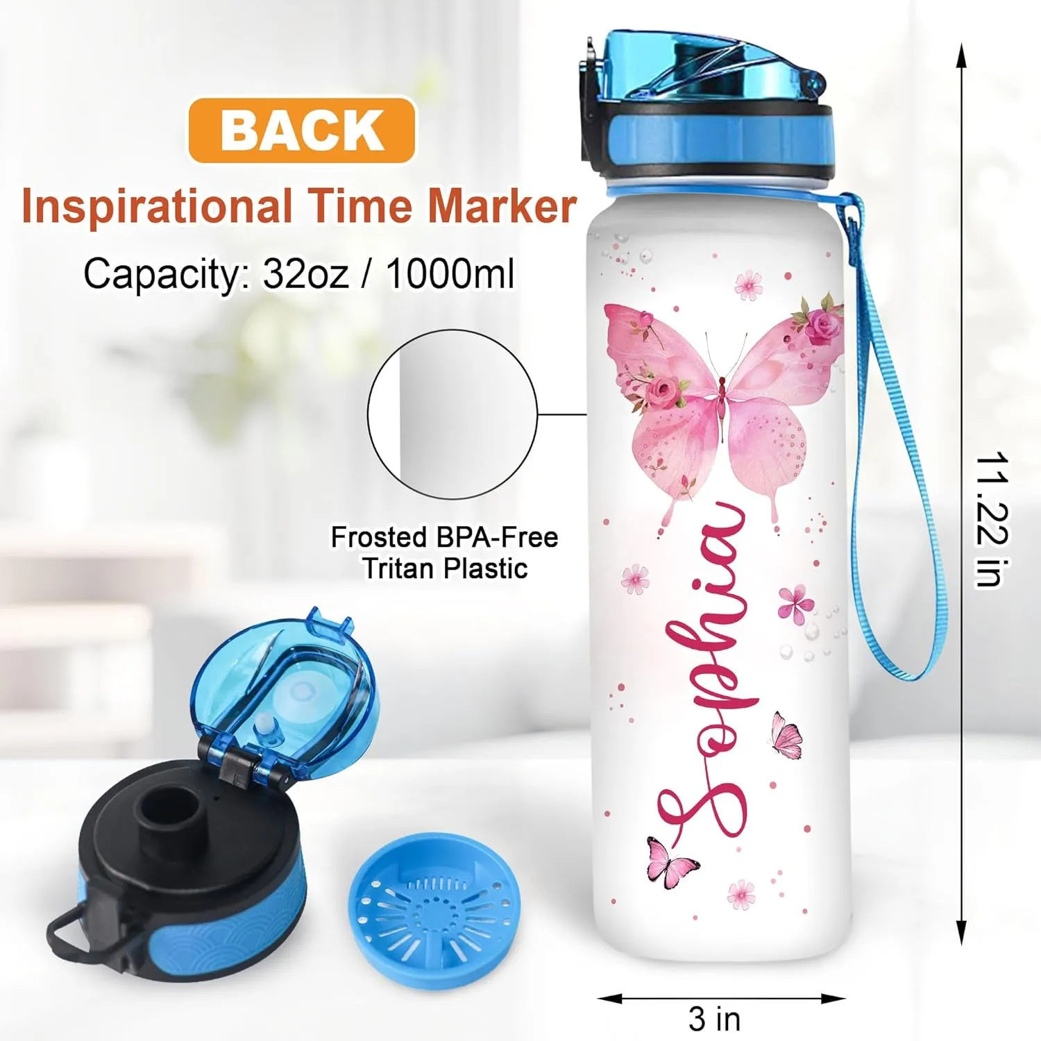 Hyturtle Personalized Jesus Christian Butterfly 32oz Liter Motivational Water Bottle, Customized Name Tracking Water Bottle With Time Marker Gifts For Women, Butterfly Lovers on Birthday