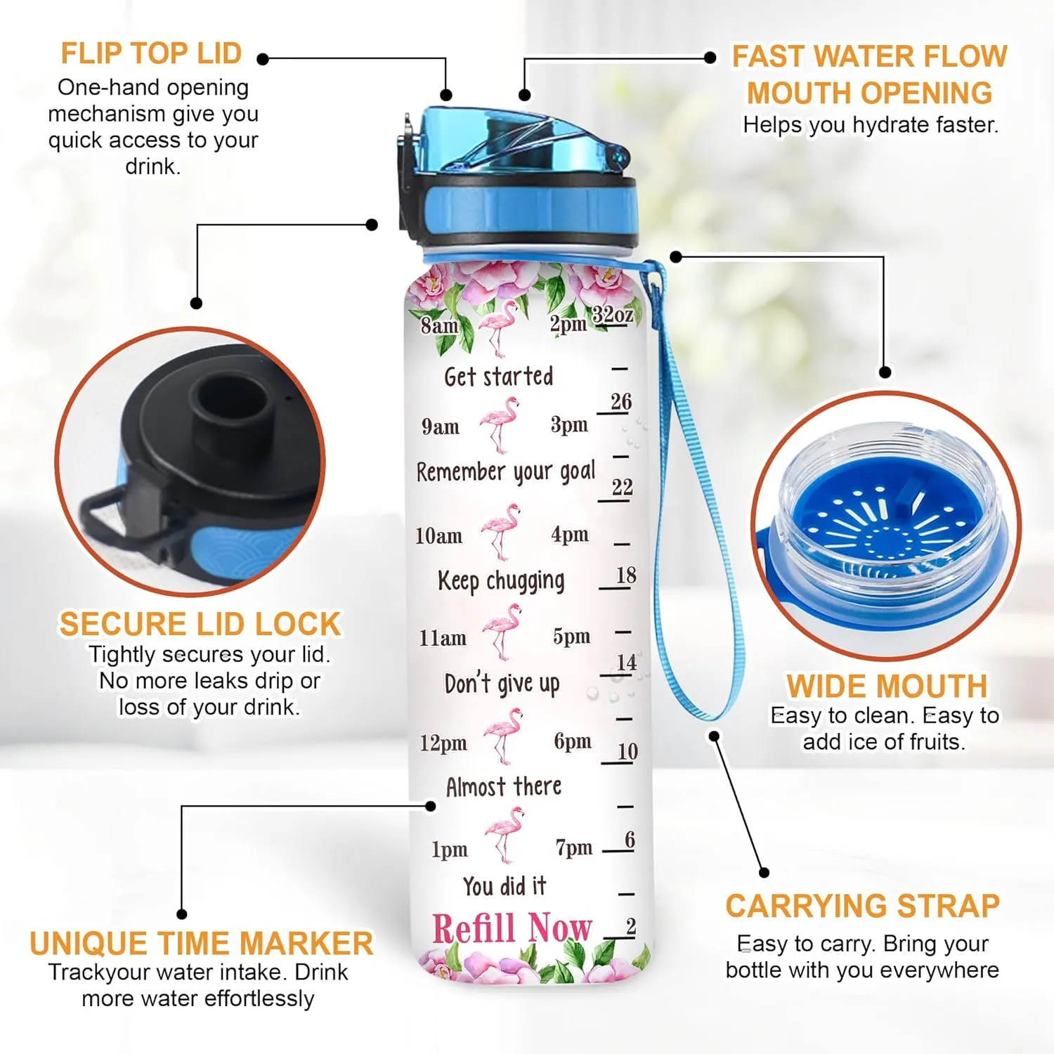 Hyturtle Personalized Just A Girl Who Loves Flamingo 32oz Liter Motivational Water Bottle, Customized Name Tracking Water Bottle Gifts For Women, Girls, Friend, Flamingo Lovers On Birthday