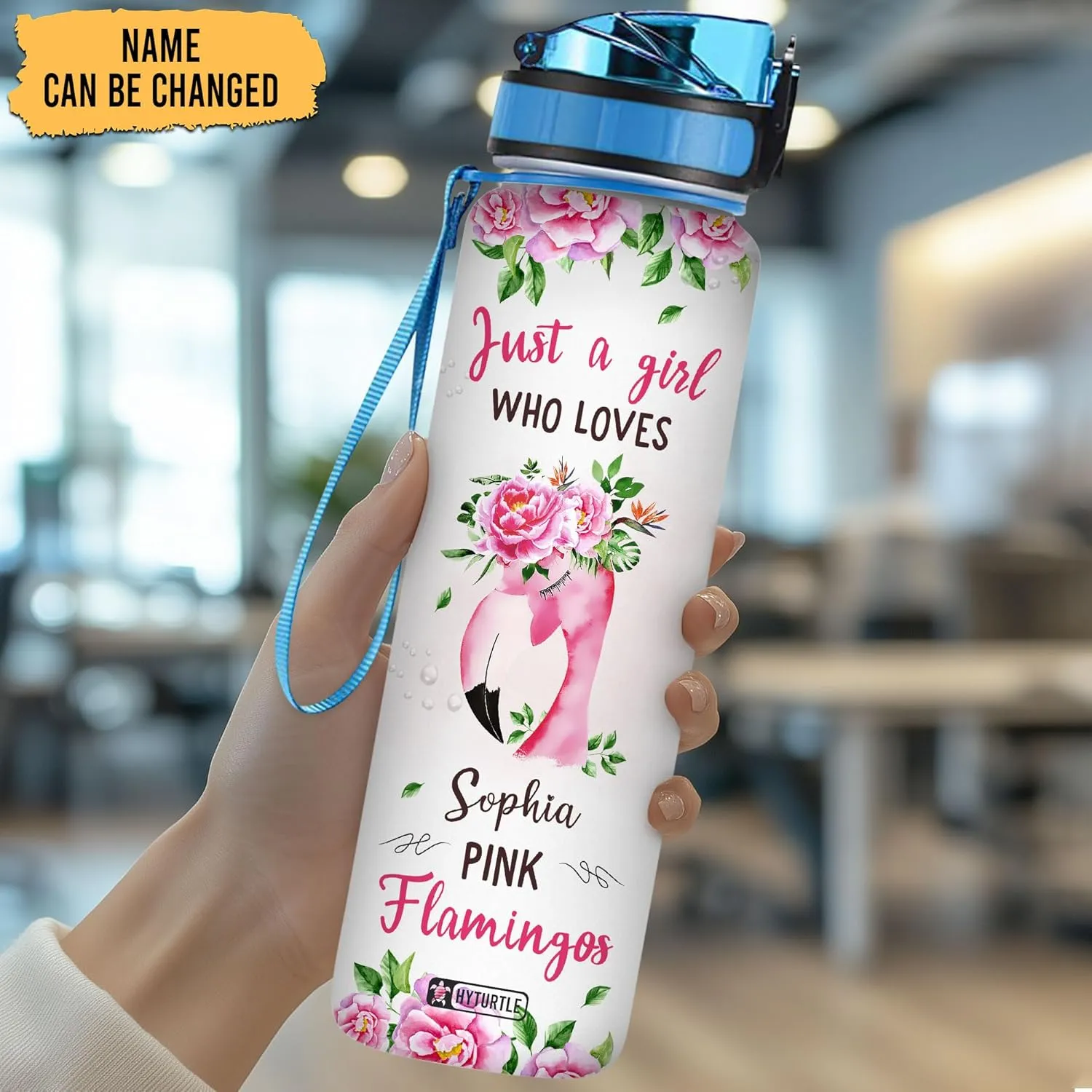 Hyturtle Personalized Just A Girl Who Loves Flamingo 32oz Liter Motivational Water Bottle, Customized Name Tracking Water Bottle Gifts For Women, Girls, Friend, Flamingo Lovers On Birthday