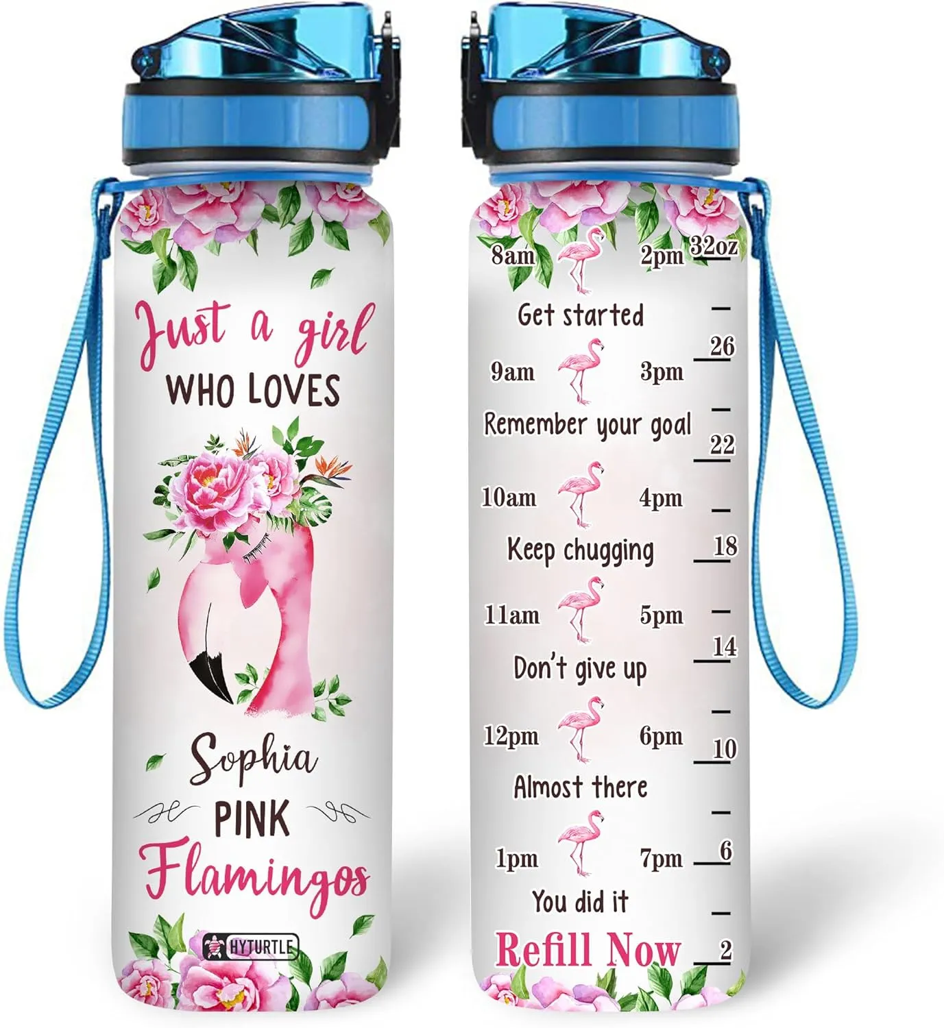 Hyturtle Personalized Just A Girl Who Loves Flamingo 32oz Liter Motivational Water Bottle, Customized Name Tracking Water Bottle Gifts For Women, Girls, Friend, Flamingo Lovers On Birthday