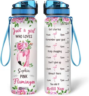 Hyturtle Personalized Just A Girl Who Loves Flamingo 32oz Liter Motivational Water Bottle, Customized Name Tracking Water Bottle Gifts For Women, Girls, Friend, Flamingo Lovers On Birthday