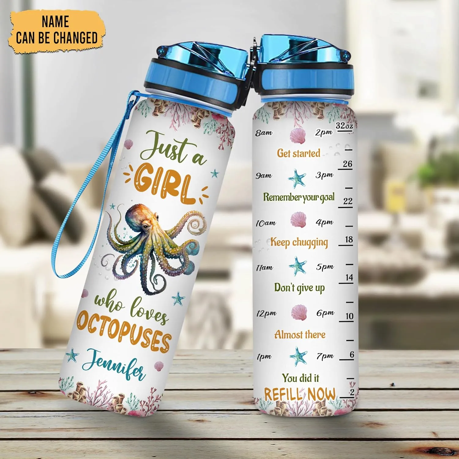 Hyturtle Personalized Octopus Lovers 32 Oz 1Liter Motivational Water Bottle With Time Marker, Just A Girl Who Loves Octopus, Sea Animal Lovers Gifts For Women, Girl On Birthday, Christmas