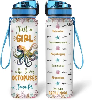 Hyturtle Personalized Octopus Lovers 32 Oz 1Liter Motivational Water Bottle With Time Marker, Just A Girl Who Loves Octopus, Sea Animal Lovers Gifts For Women, Girl On Birthday, Christmas