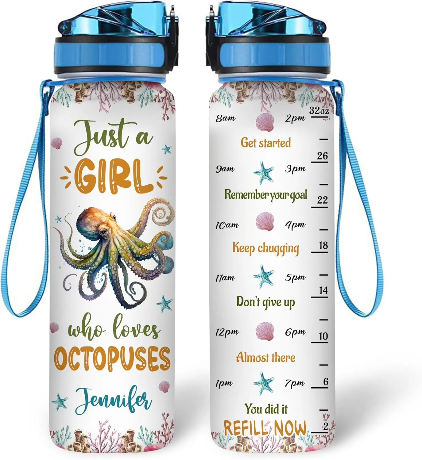 Hyturtle Personalized Octopus Lovers 32 Oz 1Liter Motivational Water Bottle With Time Marker, Just A Girl Who Loves Octopus, Sea Animal Lovers Gifts For Women, Girl On Birthday, Christmas