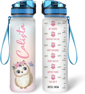 Hyturtle Personalized Owl Lovers 32 Oz 1Liter Motivational Water Bottle, Owl Customized Name Water Bottle With Time Marker, Animal Lovers Gifts For Women Girl On Birthday, Mother Day's