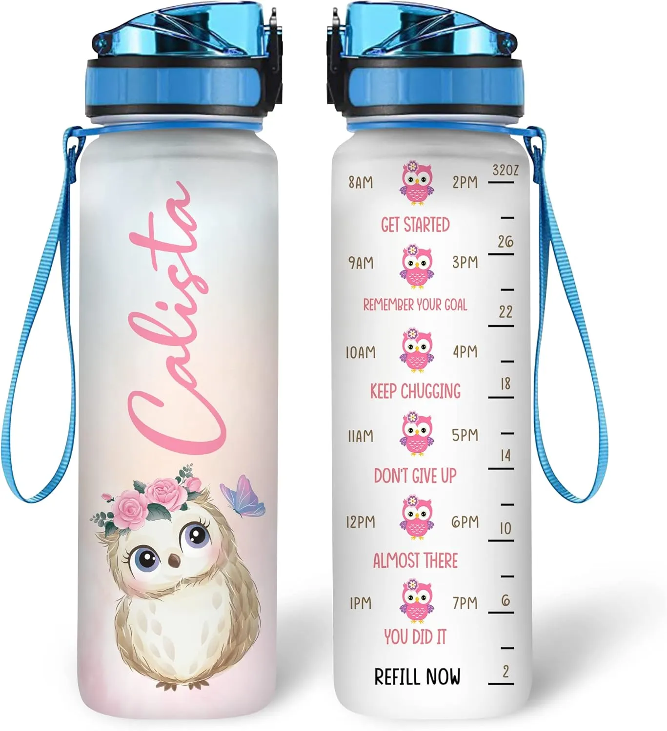 Hyturtle Personalized Owl Lovers 32 Oz 1Liter Motivational Water Bottle, Owl Customized Name Water Bottle With Time Marker, Animal Lovers Gifts For Women Girl On Birthday, Mother Day's
