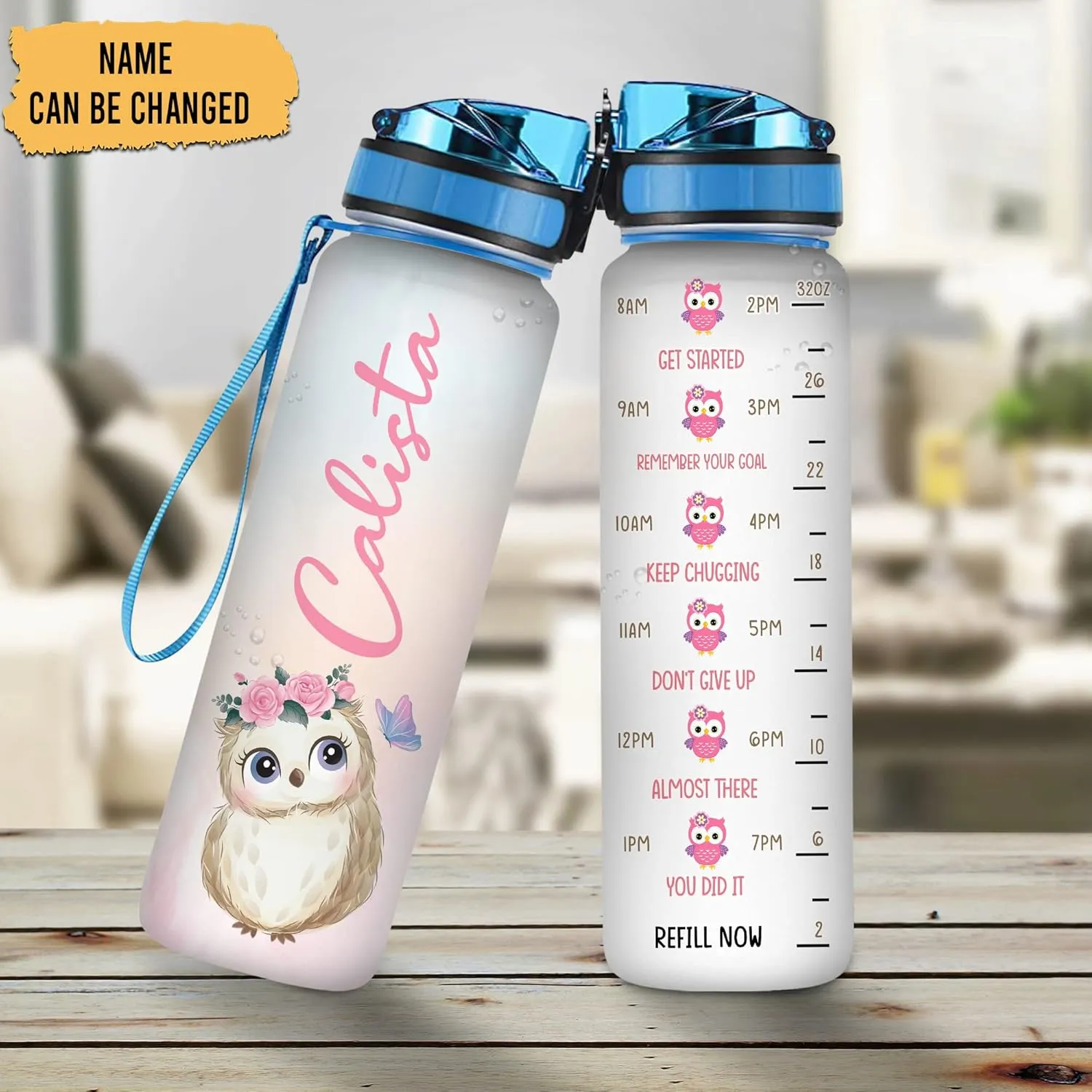 Hyturtle Personalized Owl Lovers 32 Oz 1Liter Motivational Water Bottle, Owl Customized Name Water Bottle With Time Marker, Animal Lovers Gifts For Women Girl On Birthday, Mother Day's