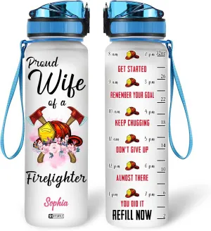 Hyturtle Personalized Proud Wife Of A Firefighter 32oz Liter Motivational Water Bottle, Customized Name With Time Marker, Gifts For Men Wife Husband Firefighter Fireman On Birthday Anniversary