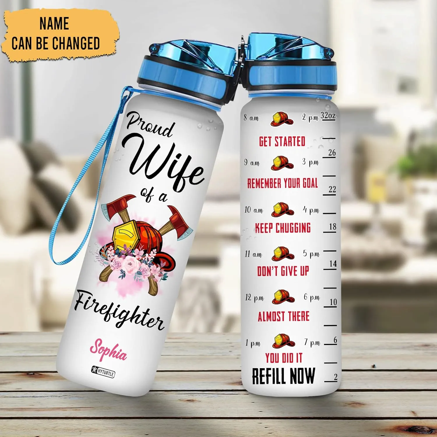 Hyturtle Personalized Proud Wife Of A Firefighter 32oz Liter Motivational Water Bottle, Customized Name With Time Marker, Gifts For Men Wife Husband Firefighter Fireman On Birthday Anniversary