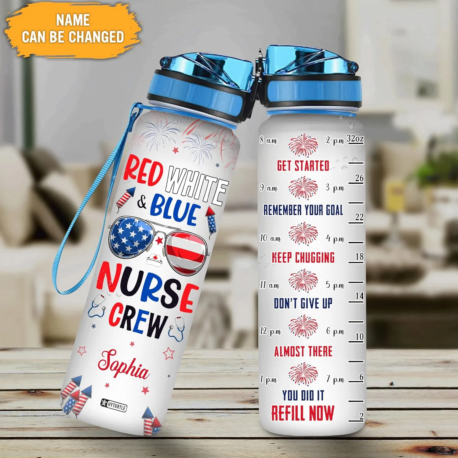 Hyturtle Personalized Red White Blue Nurse USA Flag Firework 32oz Liter Motivational Water Bottle, Customized Name With Time Marker Gift For Nurse Coworker On Nurse's Day Independence Day 4th Of July