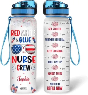 Hyturtle Personalized Red White Blue Nurse USA Flag Firework 32oz Liter Motivational Water Bottle, Customized Name With Time Marker Gift For Nurse Coworker On Nurse's Day Independence Day 4th Of July
