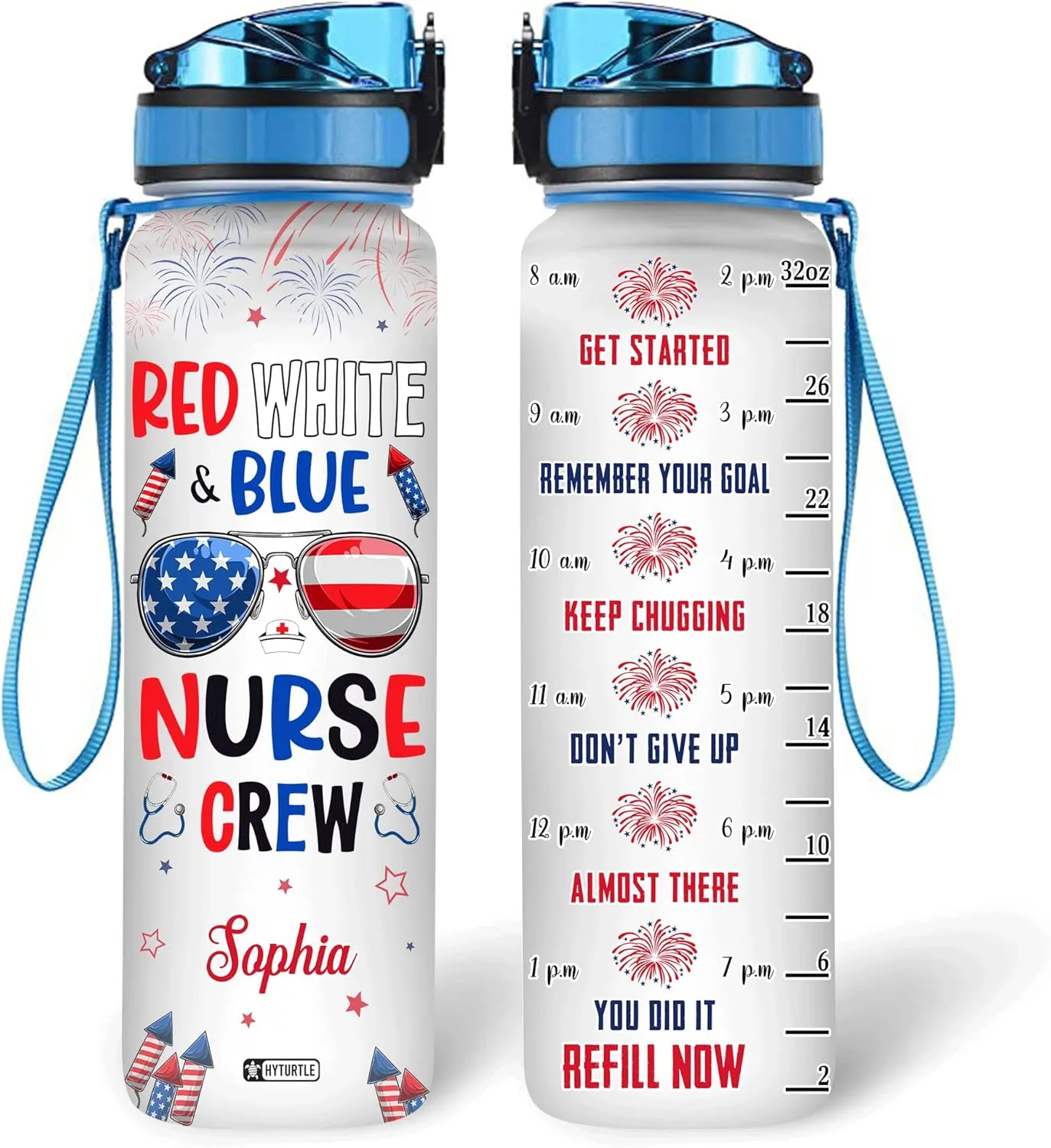 Hyturtle Personalized Red White Blue Nurse USA Flag Firework 32oz Liter Motivational Water Bottle, Customized Name With Time Marker Gift For Nurse Coworker On Nurse's Day Independence Day 4th Of July