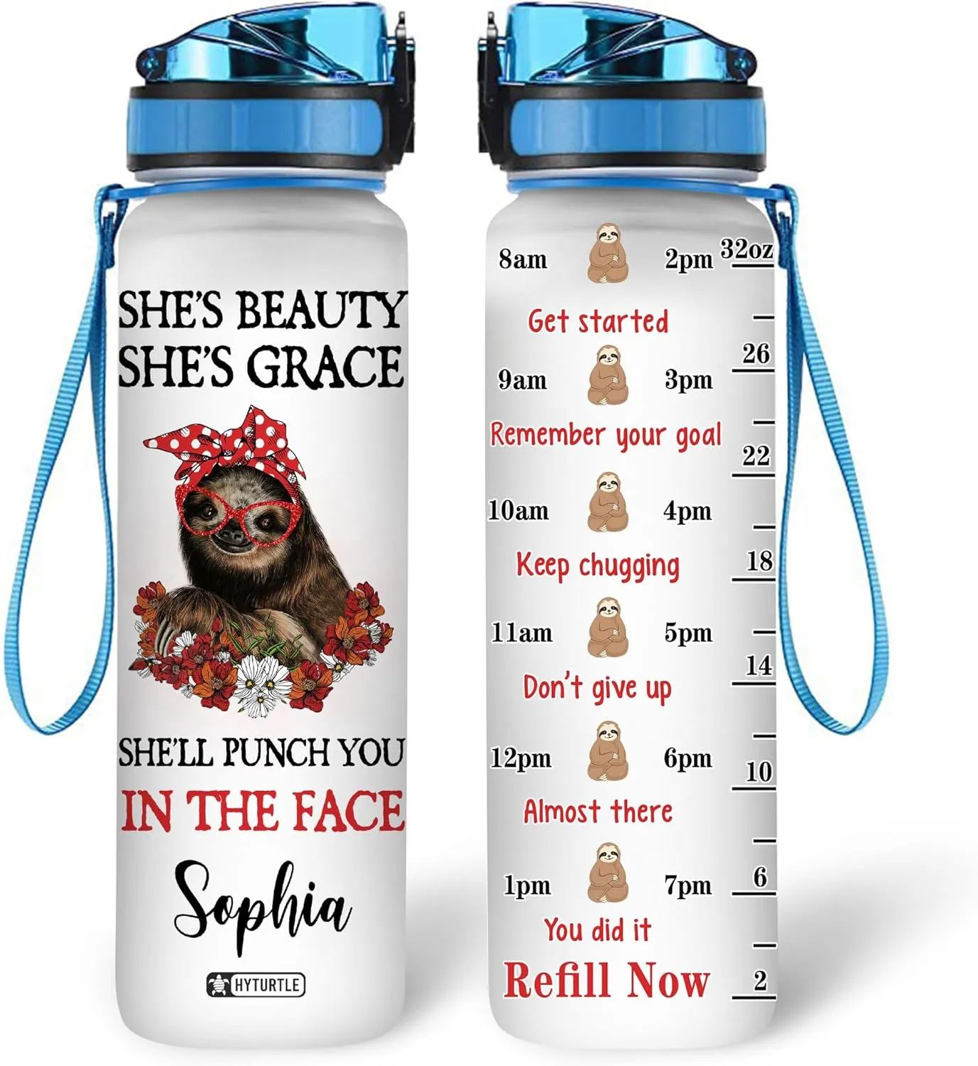 Hyturtle Personalized She's Beauty She's Grace Sloth 32oz Liter Motivational Water Bottle, Customized Name Tracking Water Bottle Gifts For Women, Men, Friend Teen Sloth Lover On Birthday Mother's Day