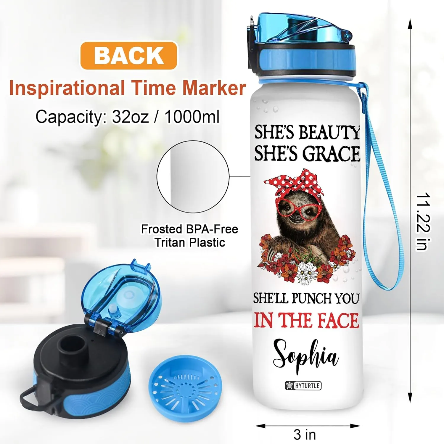 Hyturtle Personalized She's Beauty She's Grace Sloth 32oz Liter Motivational Water Bottle, Customized Name Tracking Water Bottle Gifts For Women, Men, Friend Teen Sloth Lover On Birthday Mother's Day