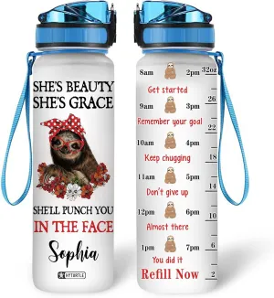 Hyturtle Personalized She's Beauty She's Grace Sloth 32oz Liter Motivational Water Bottle, Customized Name Tracking Water Bottle Gifts For Women, Men, Friend Teen Sloth Lover On Birthday Mother's Day