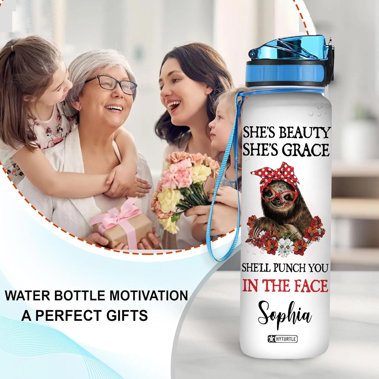 Hyturtle Personalized She's Beauty She's Grace Sloth 32oz Liter Motivational Water Bottle, Customized Name Tracking Water Bottle Gifts For Women, Men, Friend Teen Sloth Lover On Birthday Mother's Day