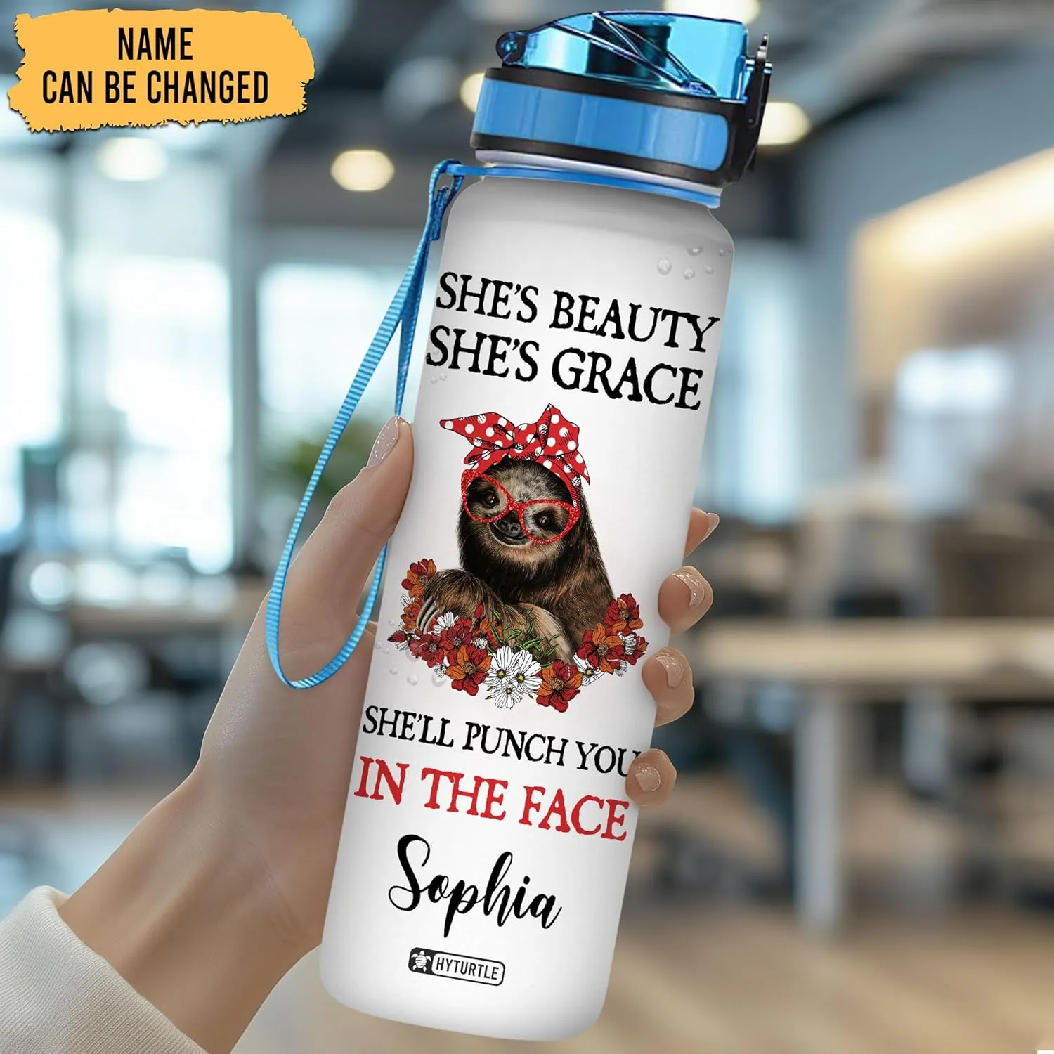 Hyturtle Personalized She's Beauty She's Grace Sloth 32oz Liter Motivational Water Bottle, Customized Name Tracking Water Bottle Gifts For Women, Men, Friend Teen Sloth Lover On Birthday Mother's Day