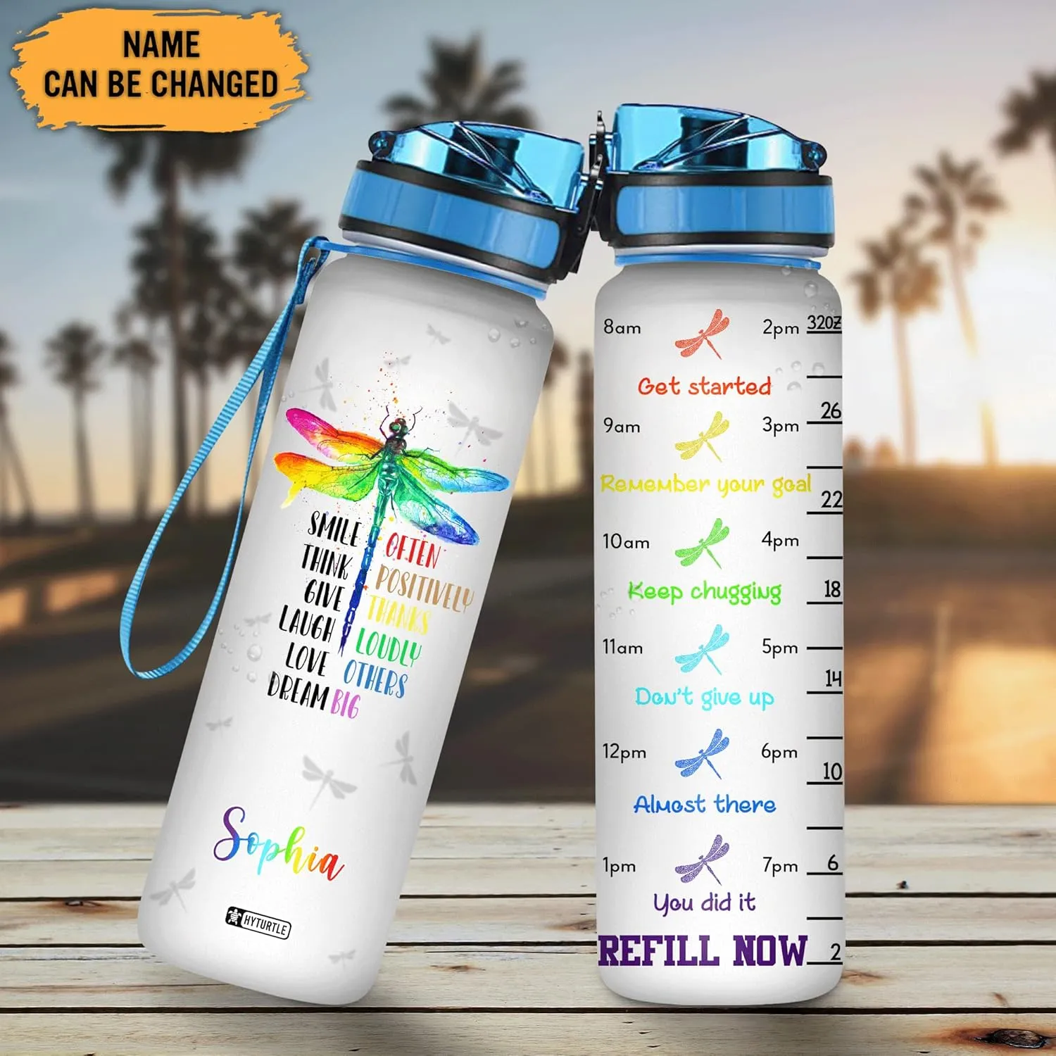 Hyturtle Personalized Smile Often Think Positively Dragonfly 32Oz Liter Motivational Water Bottle, Customized Name With Time Marker Gift For Women Girl Friend Dragonfly Lover On Birthday Mother's Day