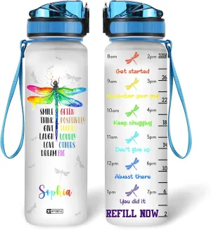 Hyturtle Personalized Smile Often Think Positively Dragonfly 32Oz Liter Motivational Water Bottle, Customized Name With Time Marker Gift For Women Girl Friend Dragonfly Lover On Birthday Mother's Day