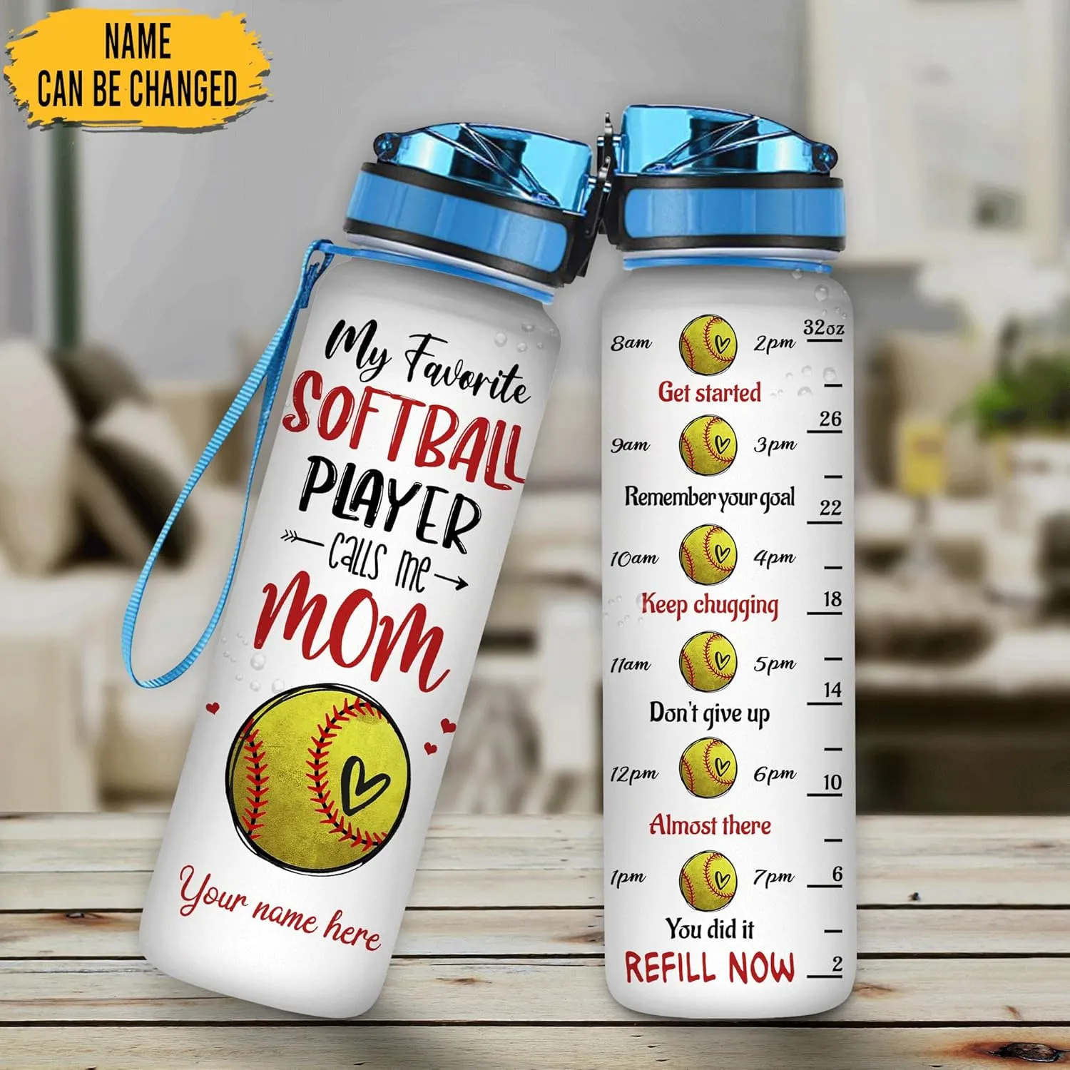 Hyturtle Personalized Softball Mom 32Oz Liter Motivational Water Bottle, Customized Name With Time Marker, Gifts For Women Girls Boys Friends Softball Fan Lovers On Birthday Anniversary Mother's Day