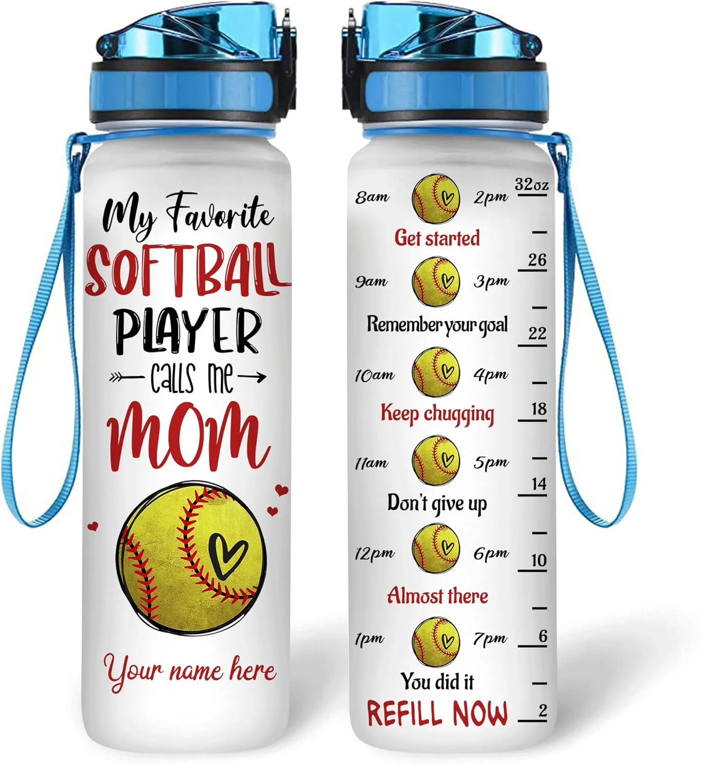 Hyturtle Personalized Softball Mom 32Oz Liter Motivational Water Bottle, Customized Name With Time Marker, Gifts For Women Girls Boys Friends Softball Fan Lovers On Birthday Anniversary Mother's Day