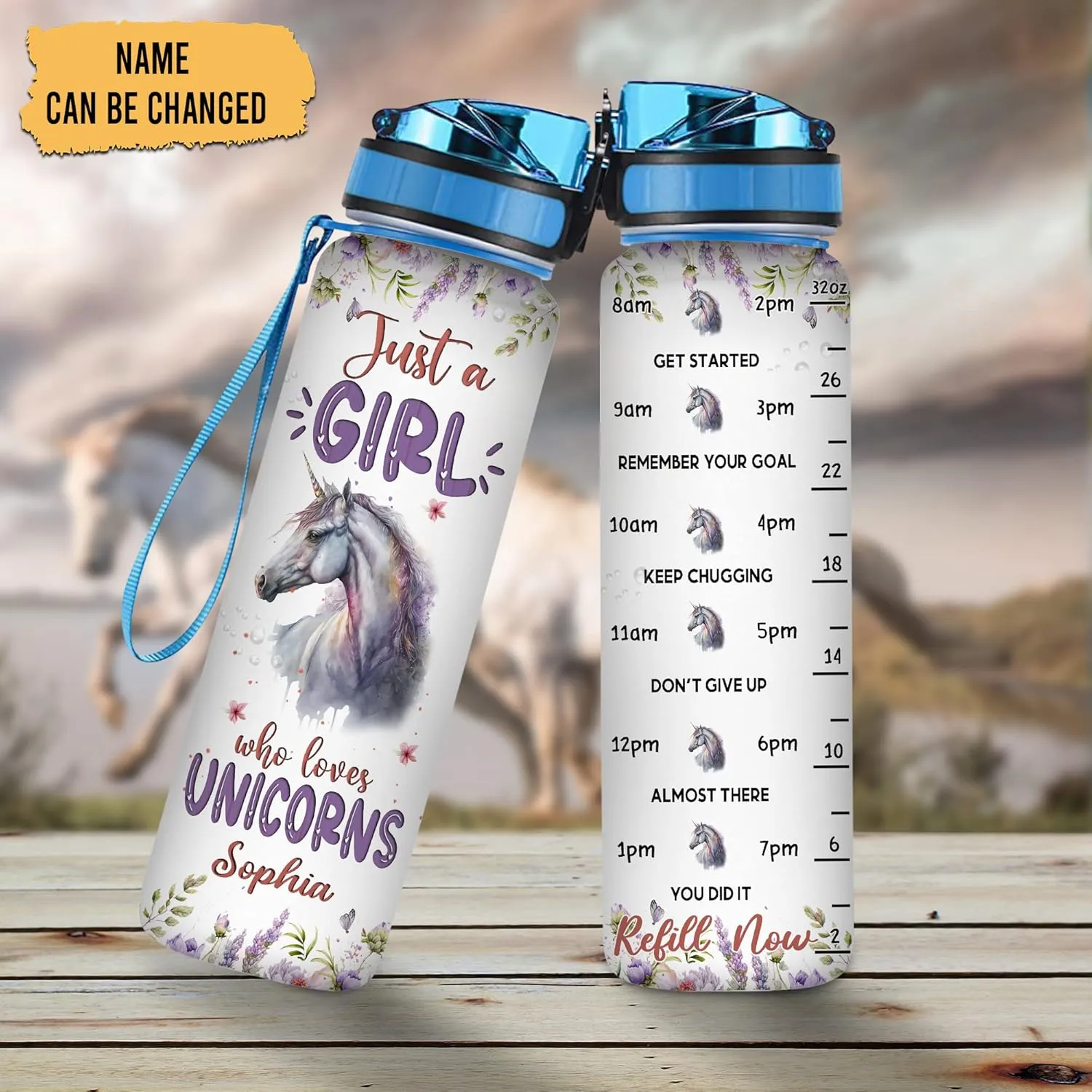 Hyturtle Personalized Unicorn Lovers 32 Oz 1Liter Motivational Water Bottle With Time Marker, Just A Girl Who Loves Unicorns, Animal Lovers Gifts For Women, Girl On Birthday, Christmas